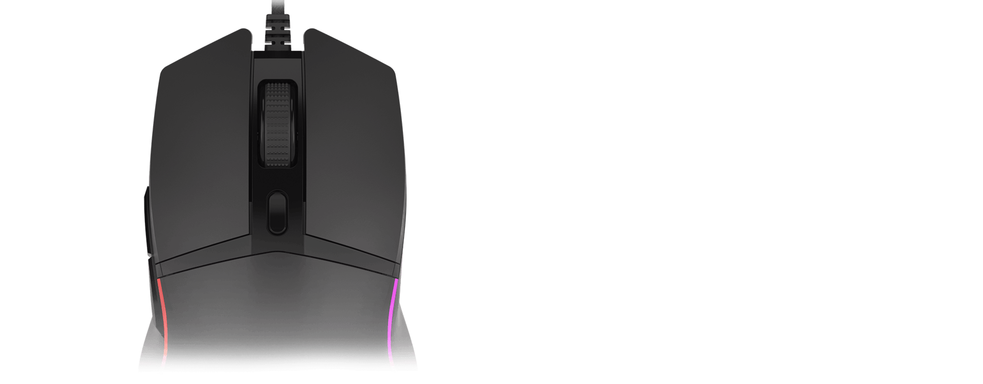 Czarna mysz gamingowa RGB od Genesis z sensorem 6400 DPI i programowalnymi przyciskami, widziana z góry