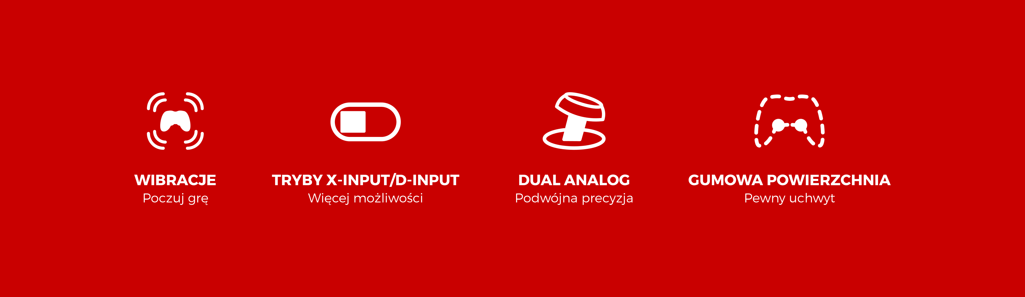 Cechy przewodowego gamepada Genesis Mangan P58 do PS3/PC: wibracje, tryby X-Input/D-Input, podwójne drążki analogowe i gumowana powierzchnia.