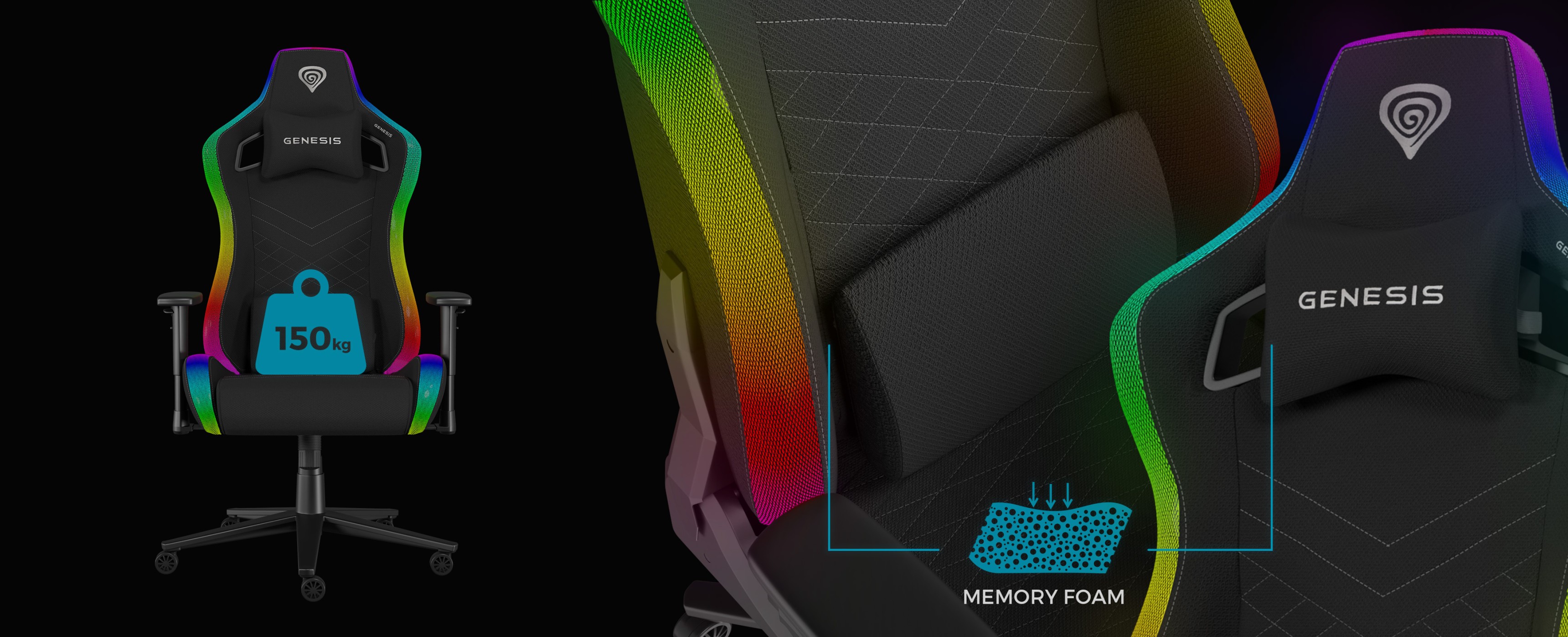 Czarny fotel gamingowy z oświetleniem RGB, podparciem z pianki z pamięcią kształtu i nośnością 150 kg