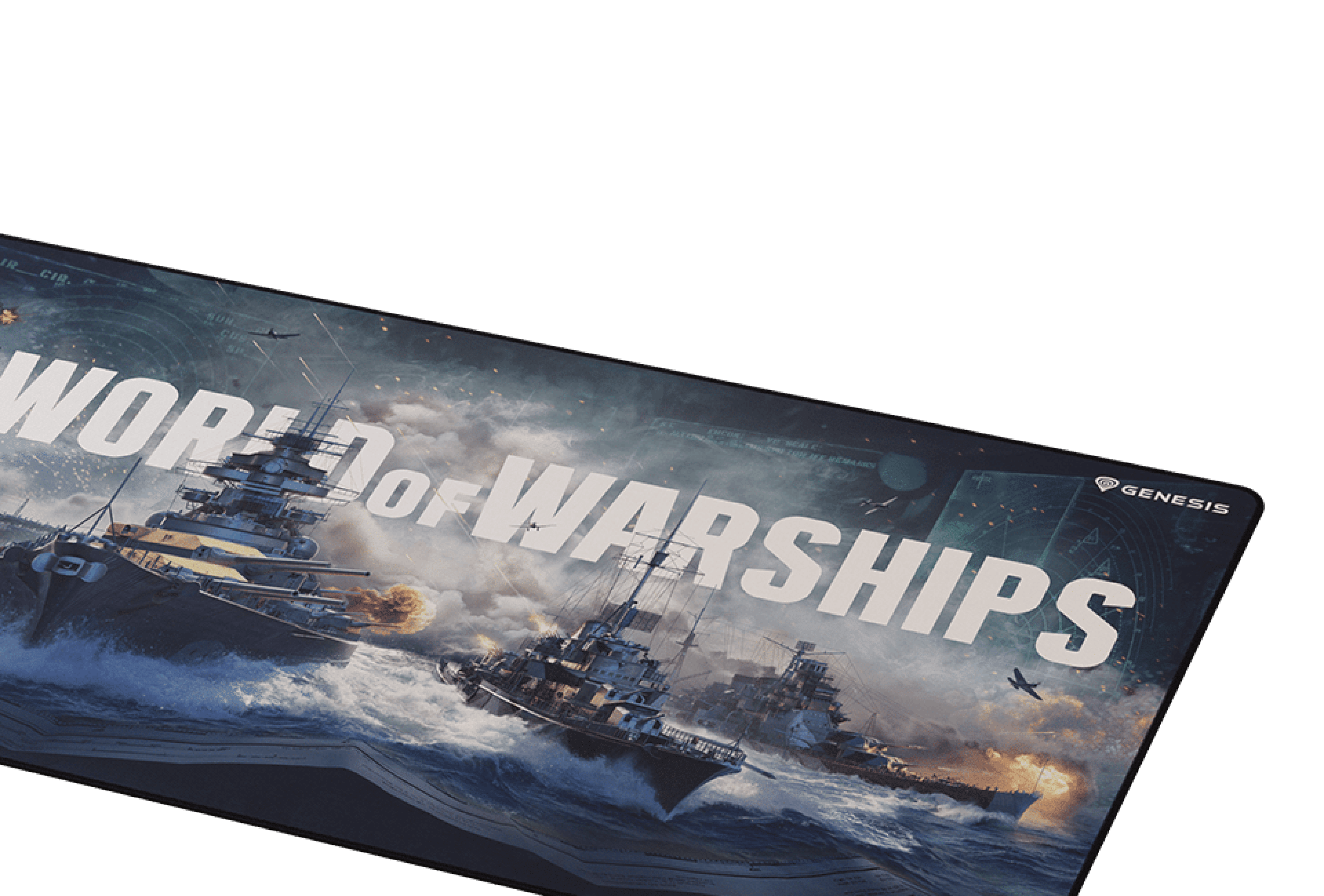Duża podkładka pod mysz dla graczy z motywem "World of Warships" z okrętami wojennymi i dramatyczną sceną oceaniczną, o wymiarach 900 x 450 mm.