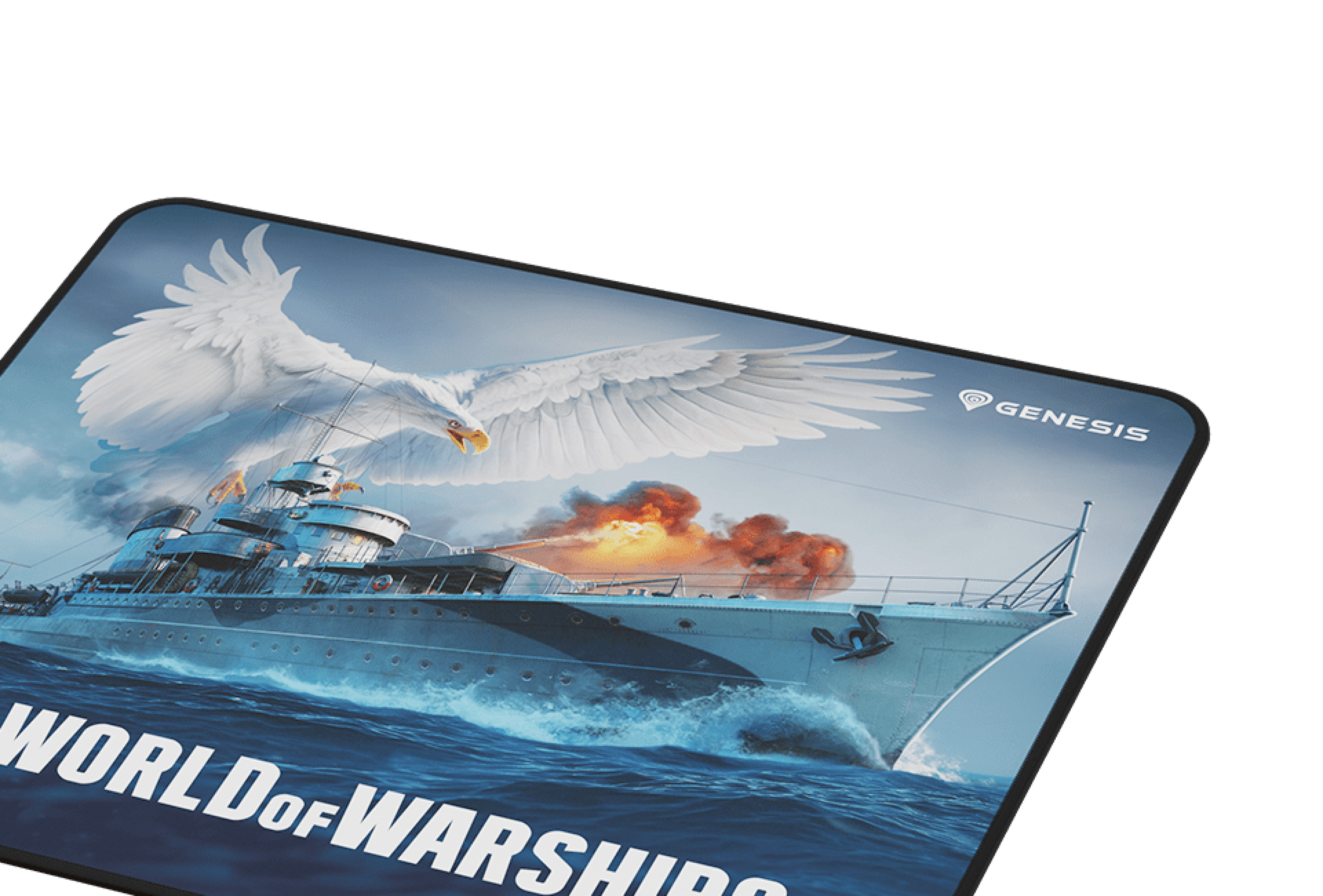 Podkładka pod mysz z dramatyczną grafiką z World of Warships, przedstawiającą statek i orła na tle oceanu.