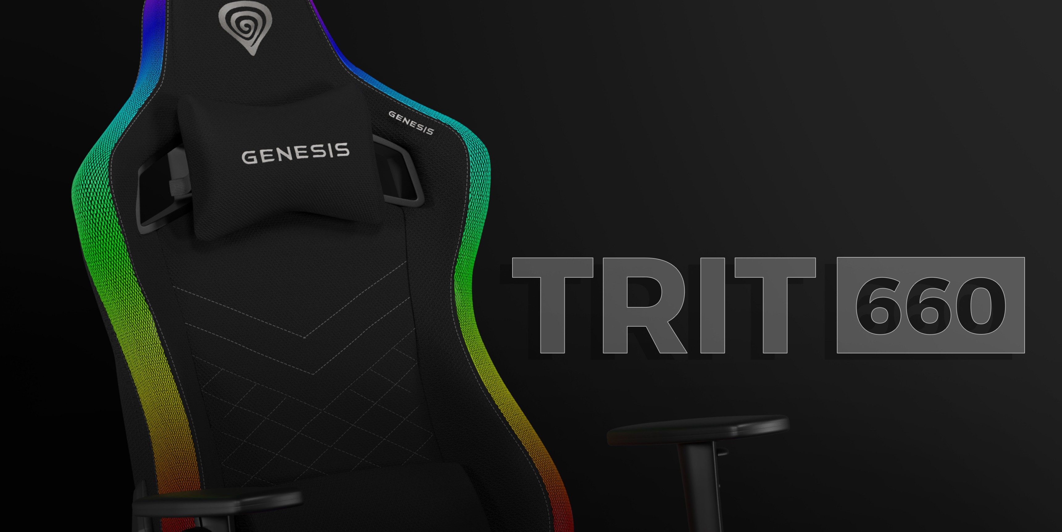 Czarny fotel gamingowy z podświetleniem RGB, z widocznym logo Genesis i nazwą modelu "TRIT 660".