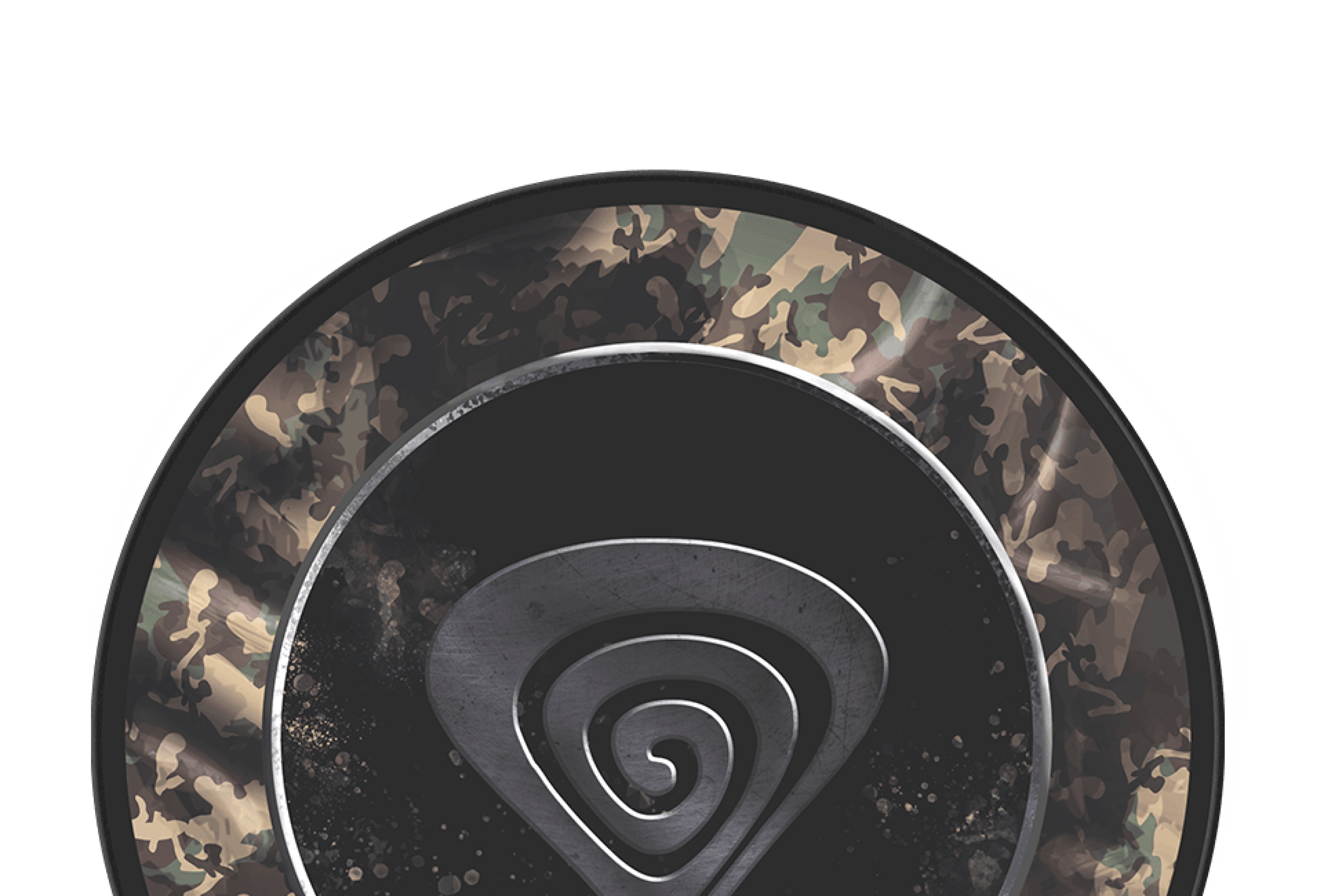 Okrągła mata ochronna z wzorem camo i spiralnym logo pośrodku, zaprojektowana dla fotela Genesis Tellur 500