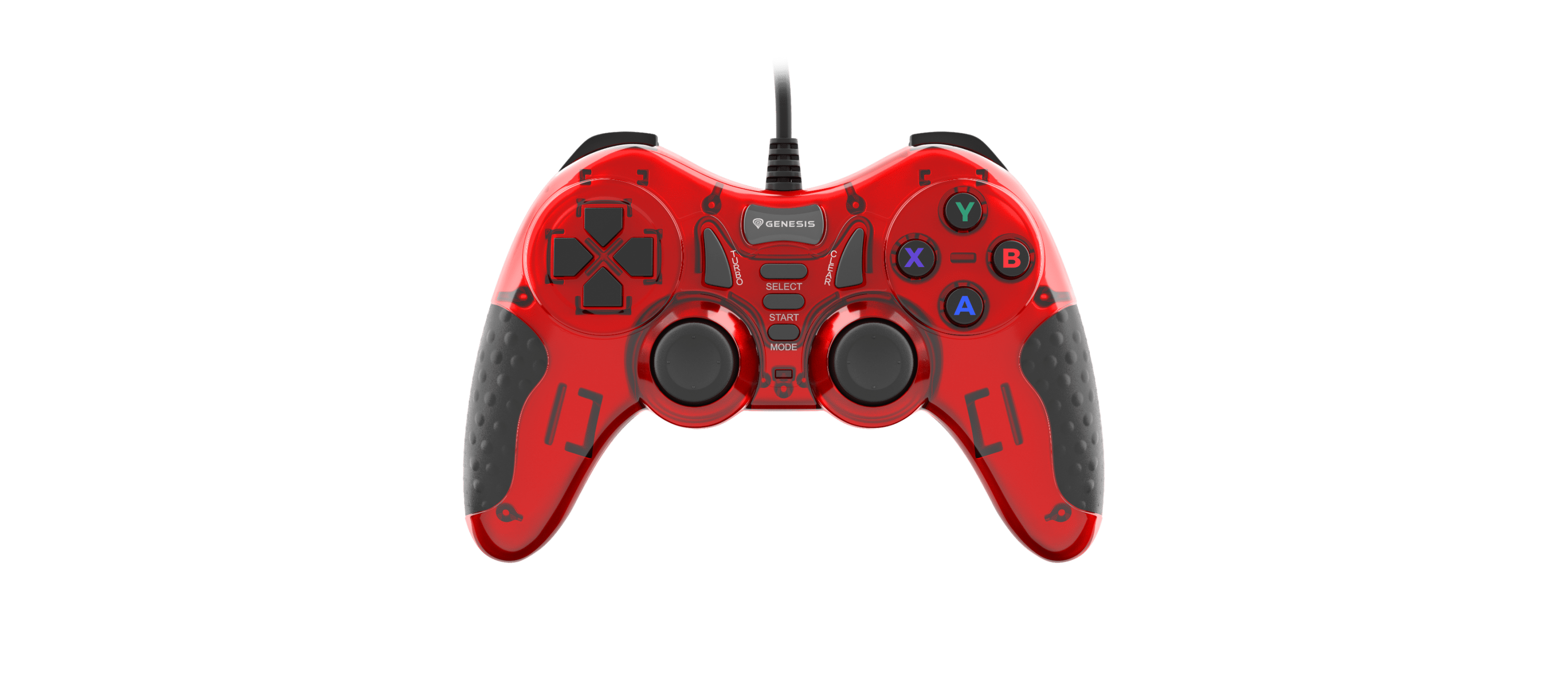 Kontroler do gier w kolorze czerwonym z wieloma przyciskami i dwoma dużymi joystickami.