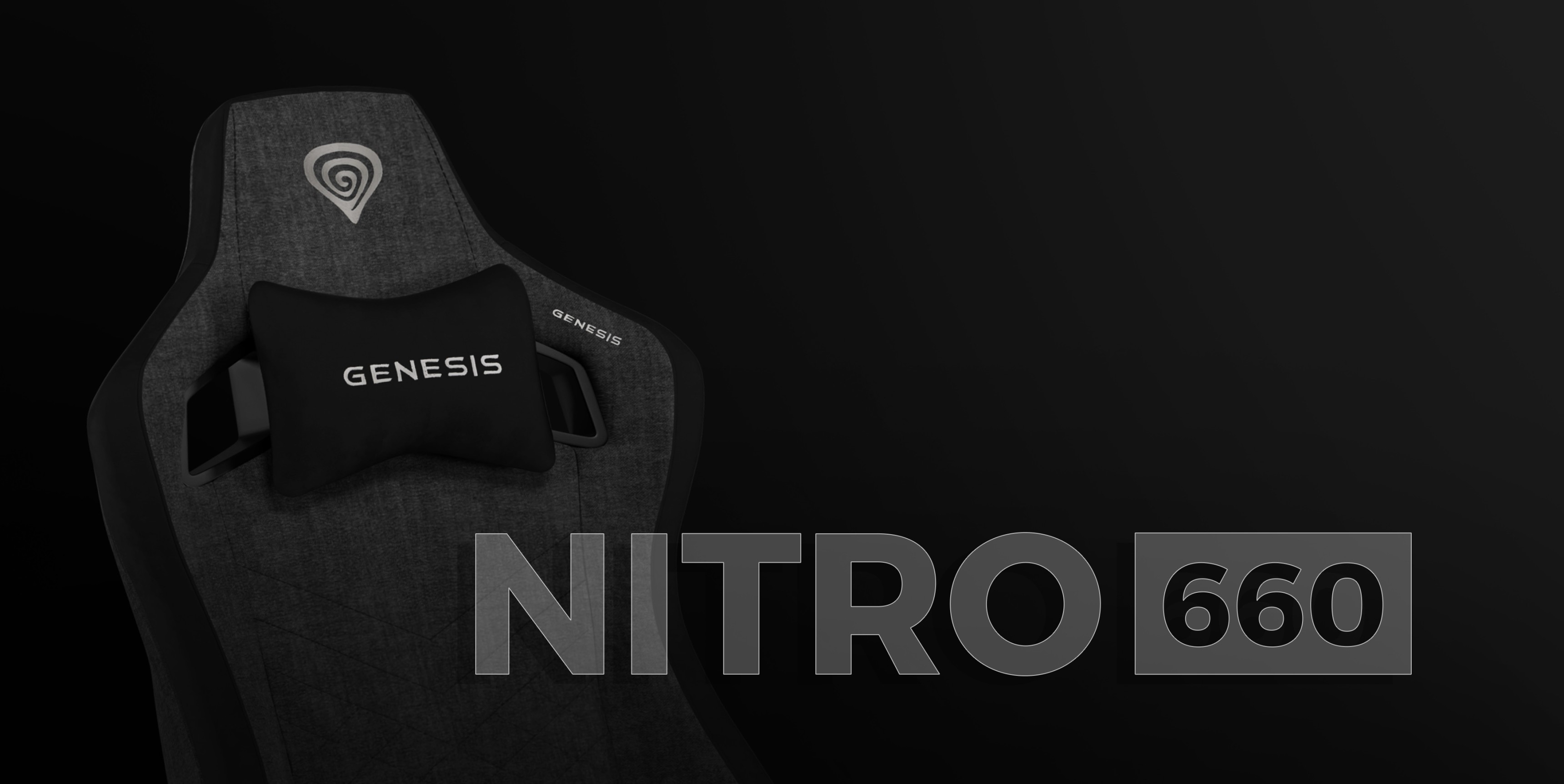 Szary fotel gamingowy Genesis Nitro 660 z wyściełanym zagłówkiem i logo na ciemnym tle