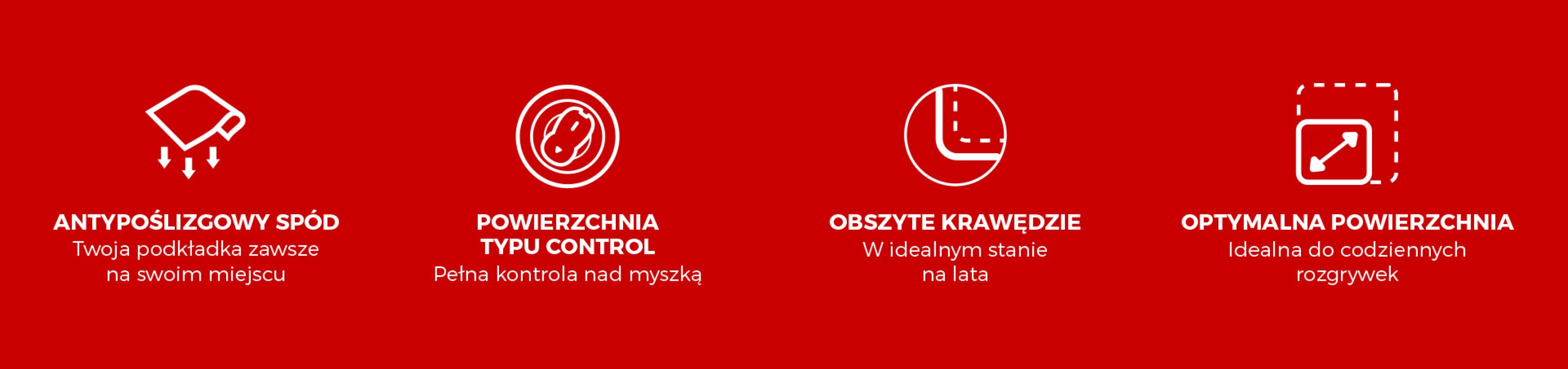 Duża podkładka pod mysz do gier (500x400 mm) z antypoślizgowym spodem, powierzchnią sterującą, przeszytymi krawędziami i optymalnym rozmiarem do codziennego użytku.