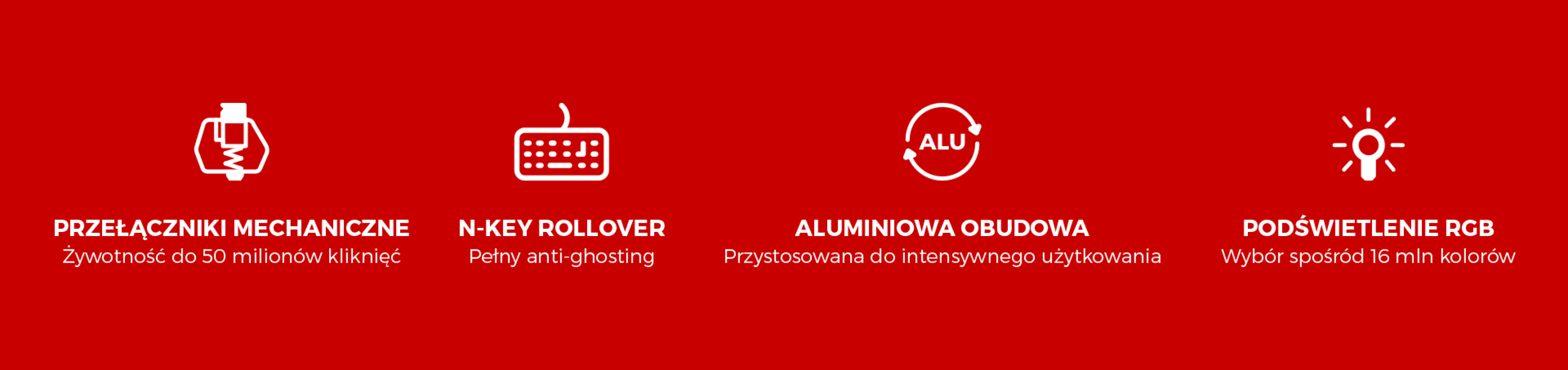 Grafika prezentująca funkcje klawiatury do gier Genesis Thor 303 TKL, w tym przełączniki mechaniczne, funkcję N-key rollover, aluminiową obudowę i opcje podświetlenia RGB.
