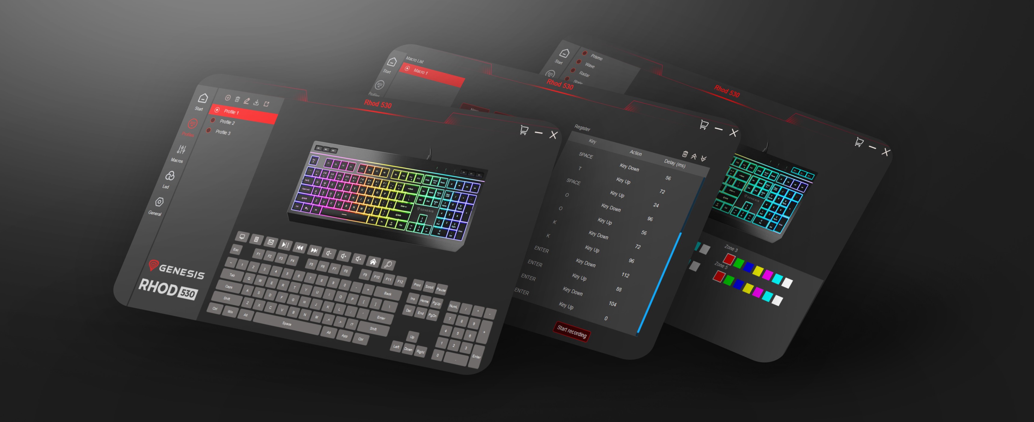 Interfejs klawiatury do gier wyświetlający konfigurowalne opcje podświetlenia RGB i konfiguracje klawiszy