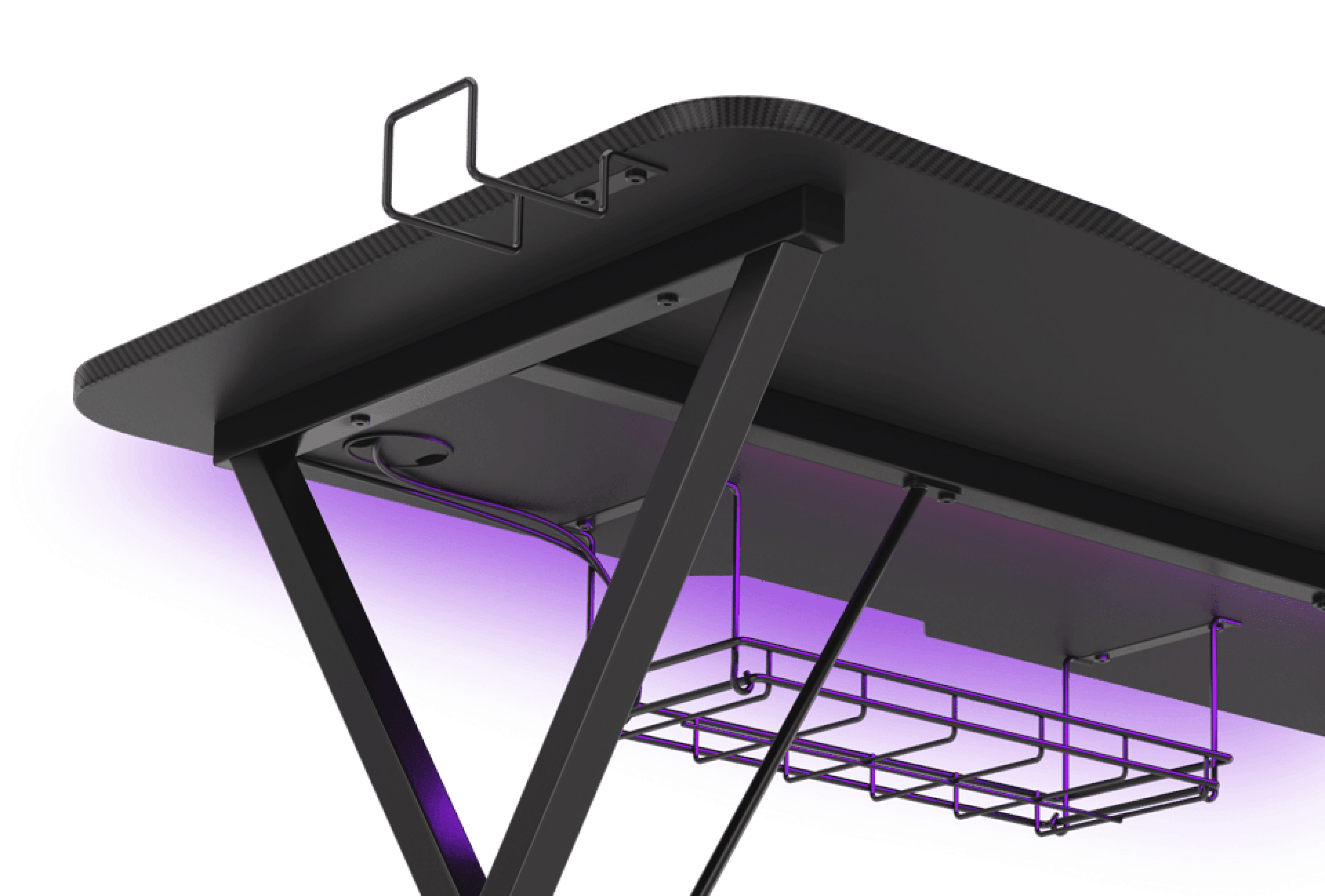 Zbliżenie na spód biurka gamingowego GENESIS HOLM 200 RGB z systemem zarządzania kablami i oświetleniem RGB.