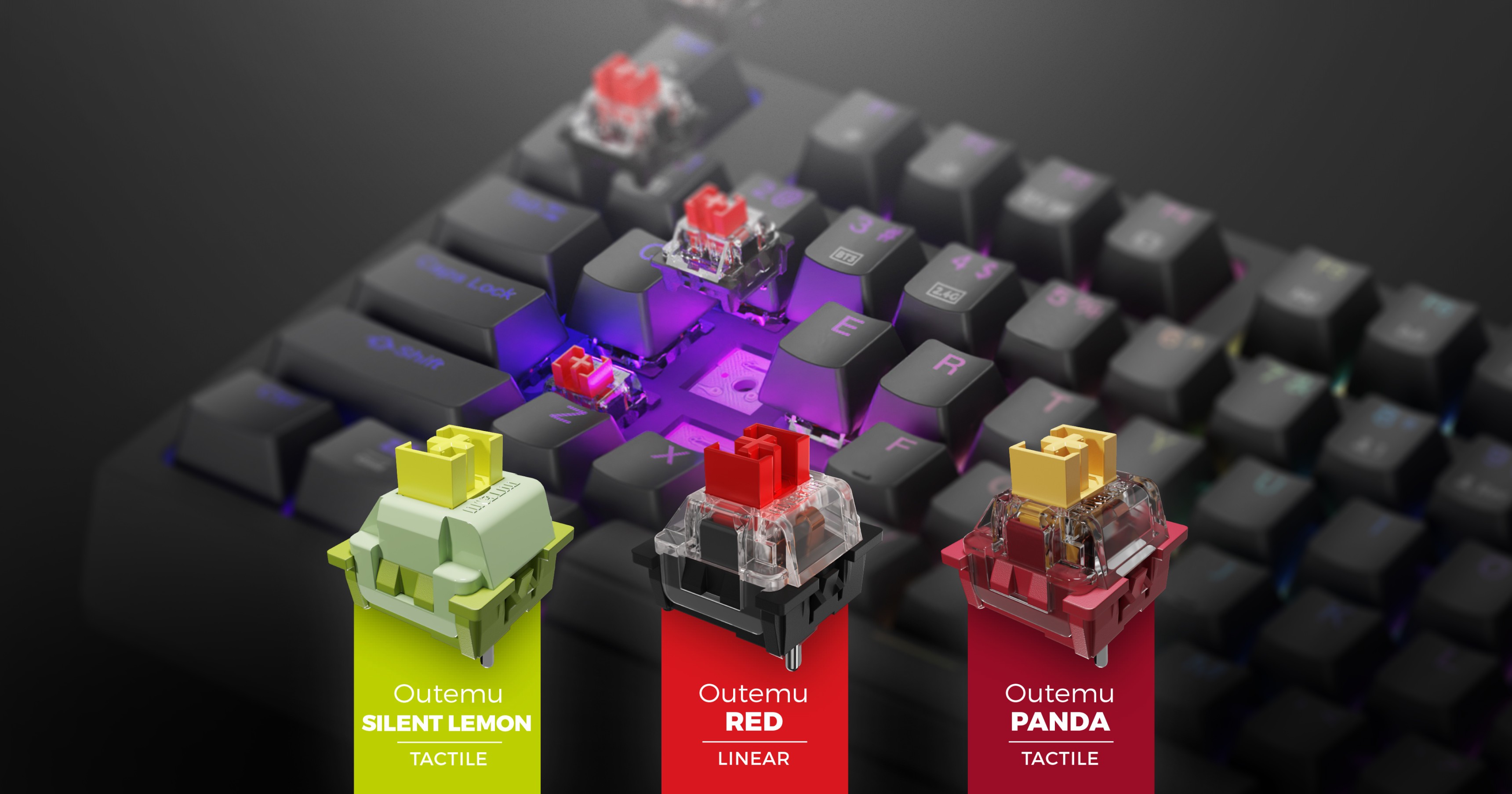 Zbliżenie klawiatury do gier z konfigurowalnym podświetleniem RGB i trzema rodzajami przełączników Outemu: Silent Lemon, Red i Panda
