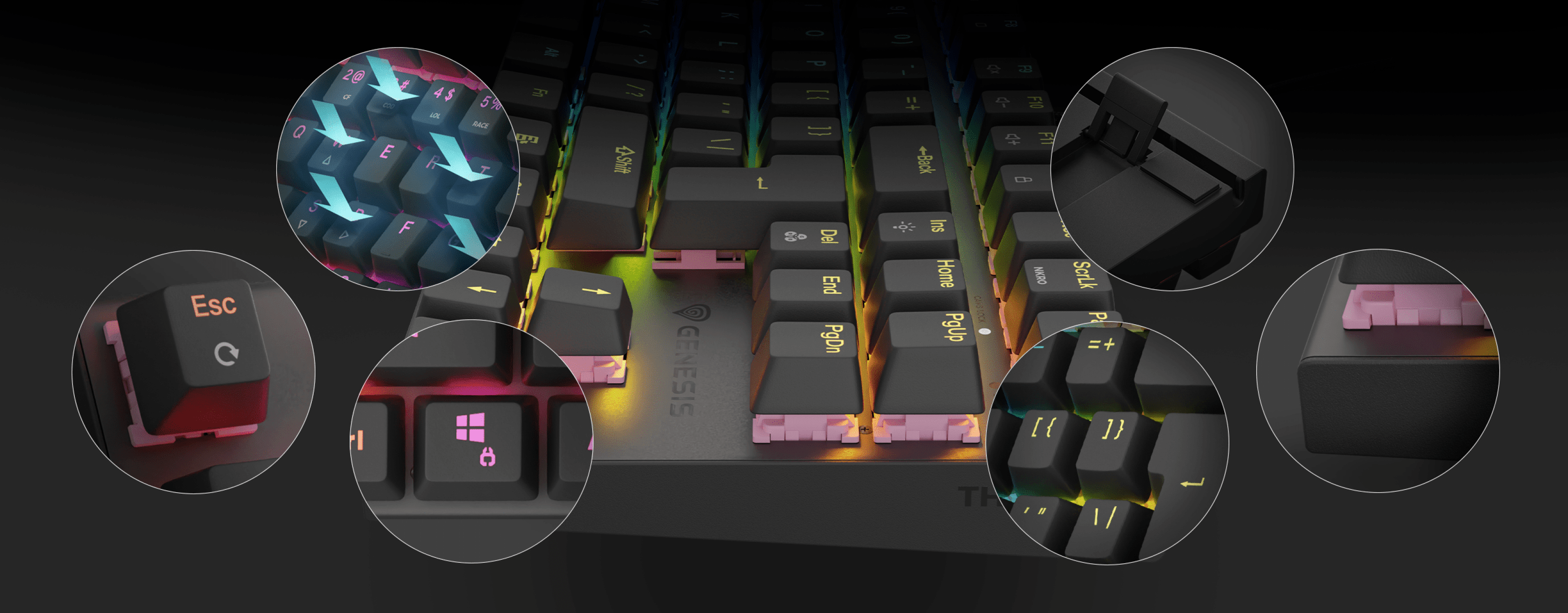 Klawiatura gamingowa z podświetleniem RGB, wyposażona w ciche przełączniki mechaniczne i układ TKL. Zobacz zbliżenia kluczowych szczegółów