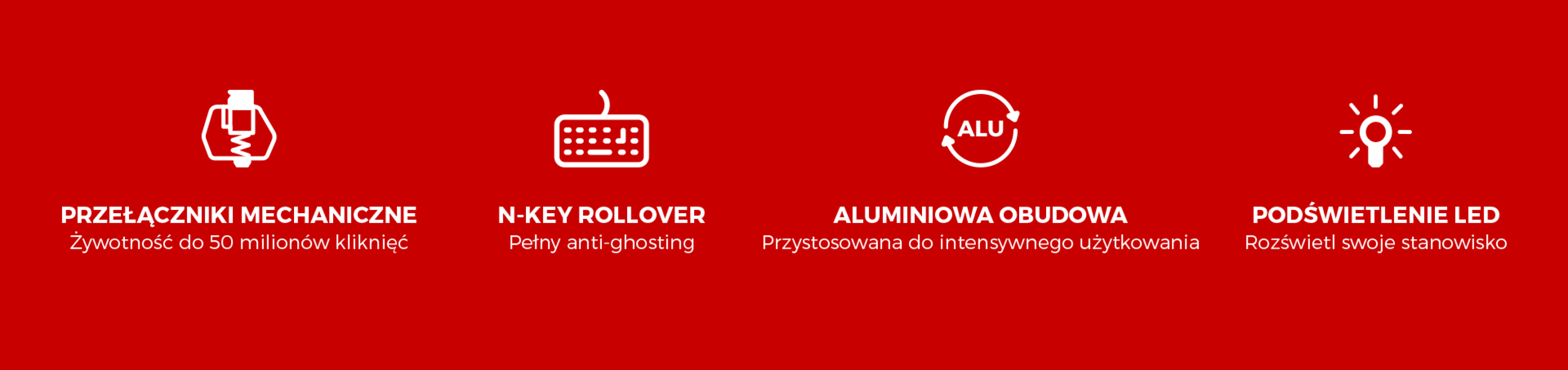 Cztery ikony na czerwonym tle, przedstawiające różne funkcje i specyfikacje klawiatury.