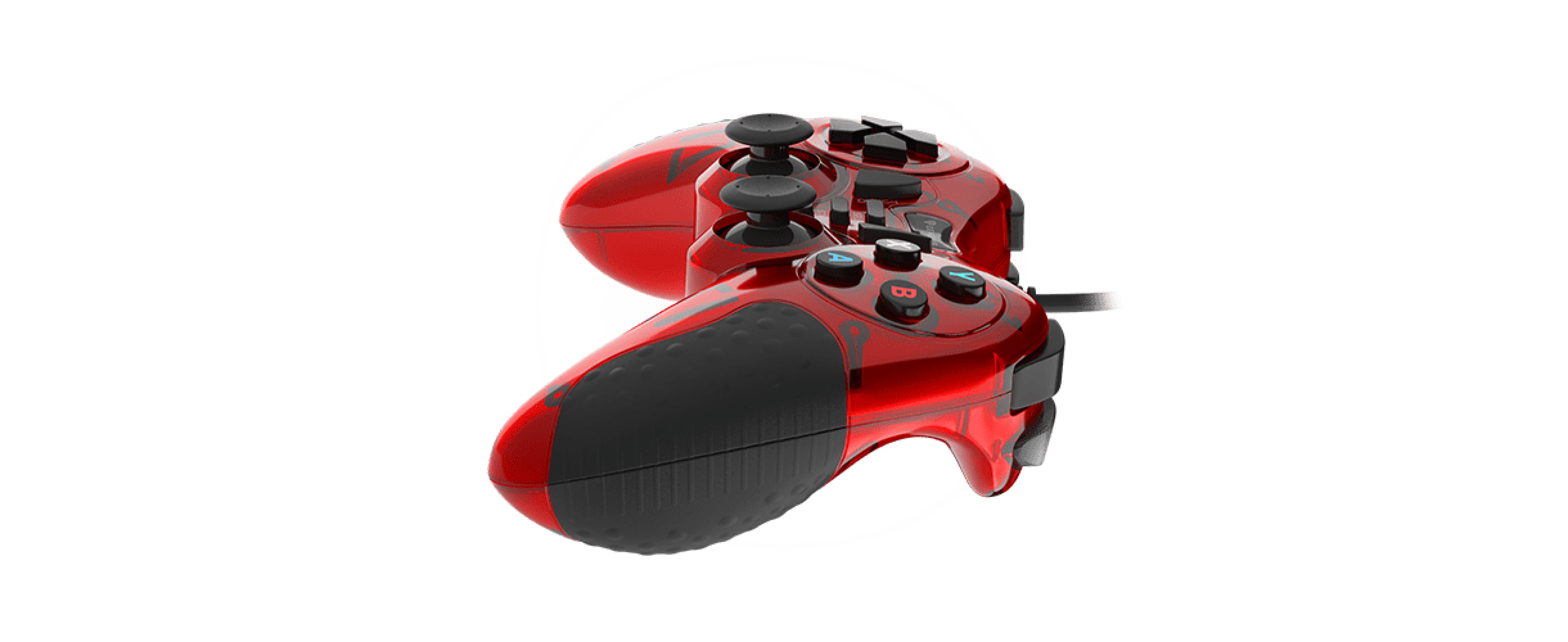 Czerwony przewodowy gamepad do PC z wieloma przyciskami i ergonomicznymi uchwytami, zaprojektowany z myślą o wygodzie i kontroli w grach.