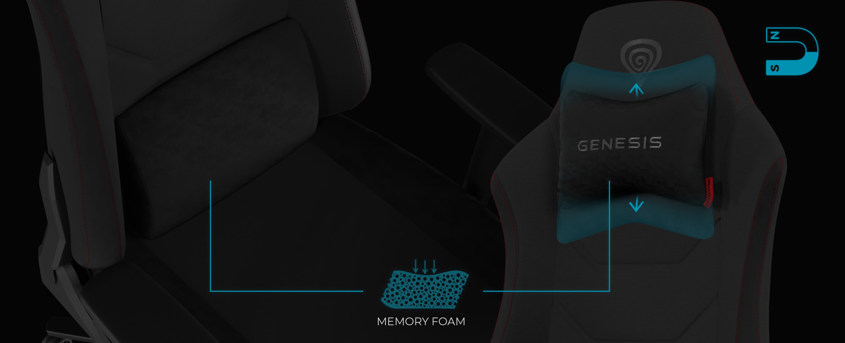 Fotel gamingowy z poduszką na szyję z pianki memory dla większego komfortu.