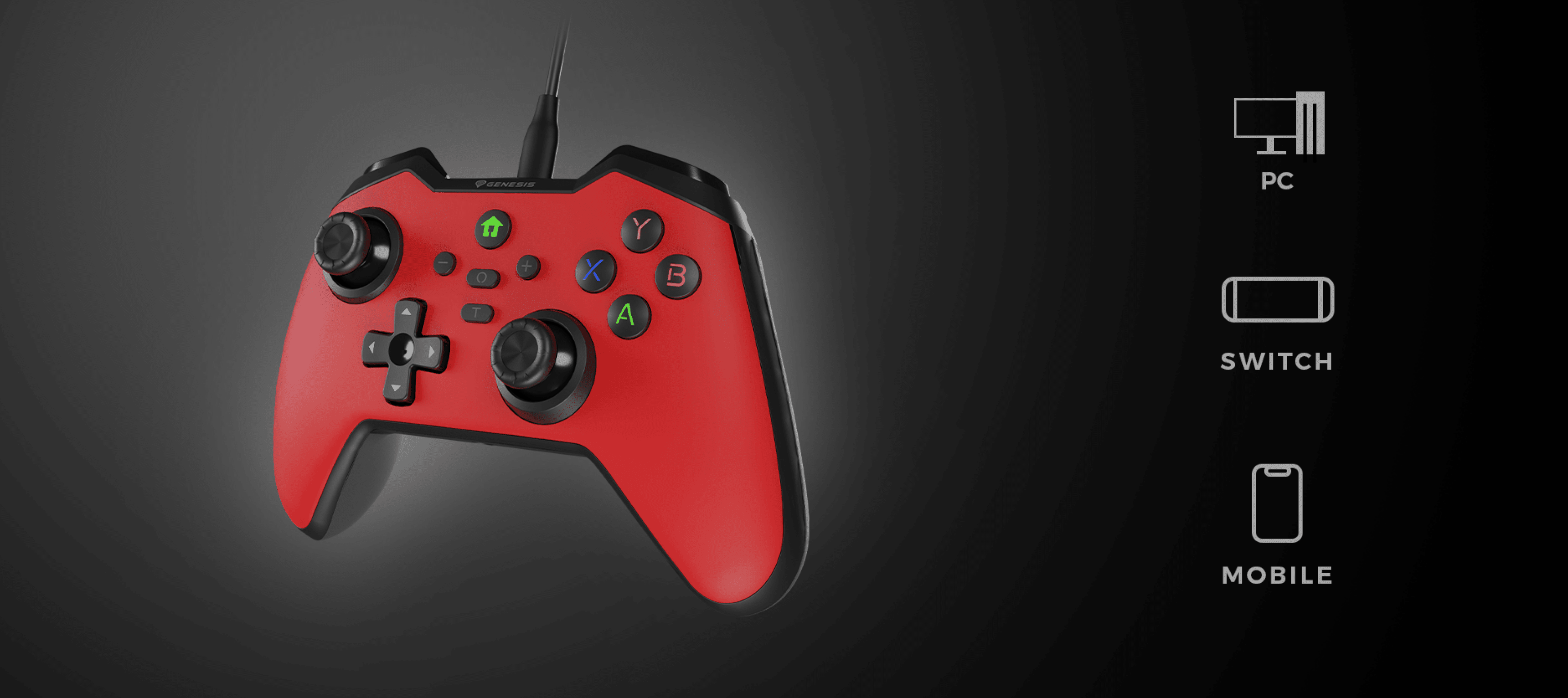 Przewodowy czarny kontroler do gier kompatybilny z PC, Switch i urządzeniami mobilnymi. Posiada ergonomiczną konstrukcję i kolorowe przyciski
