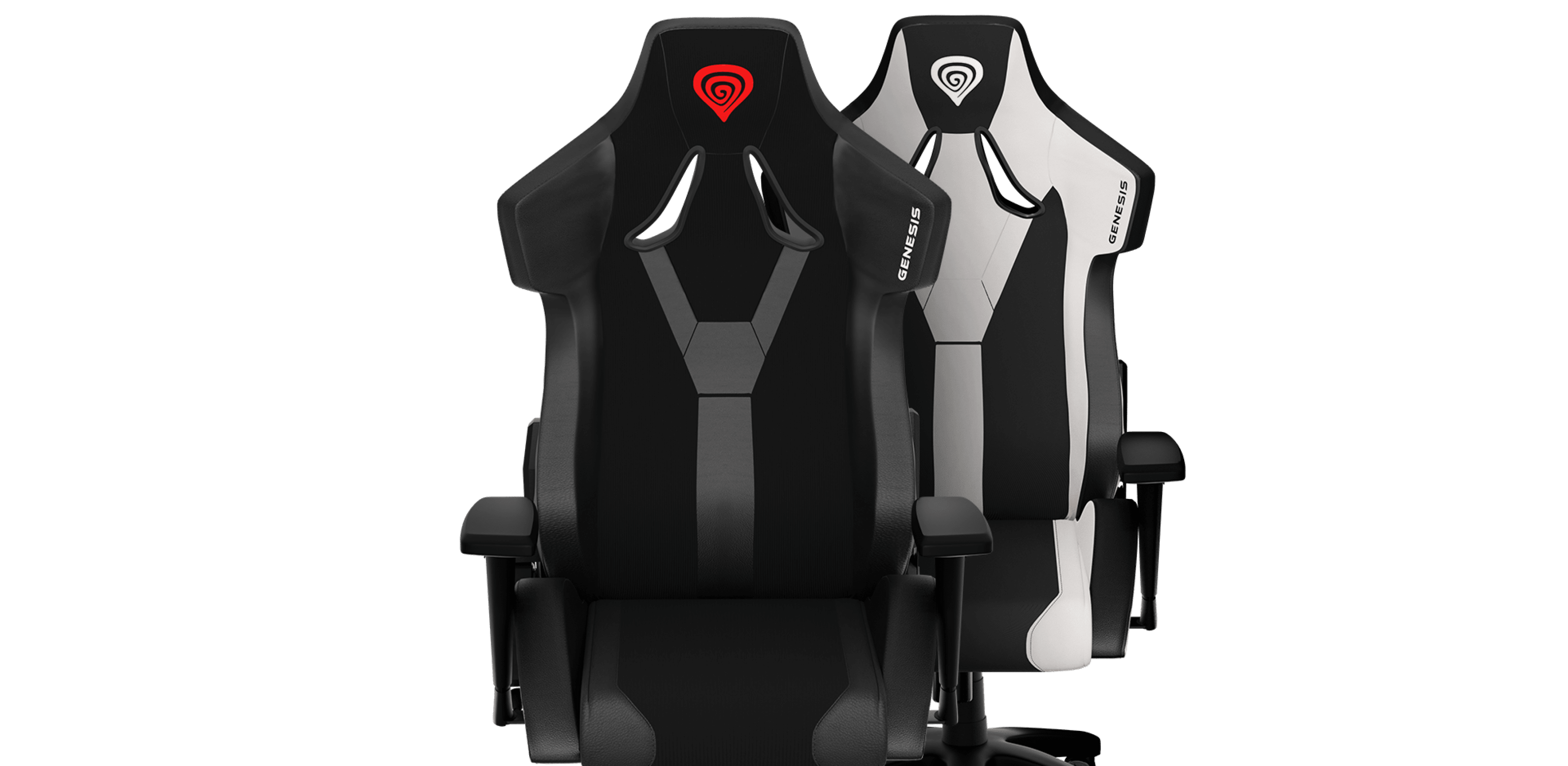 Czarny fotel gamingowy Genesis Nitro 650 z czerwonym logo, wraz z białym wariantem o eleganckim designie