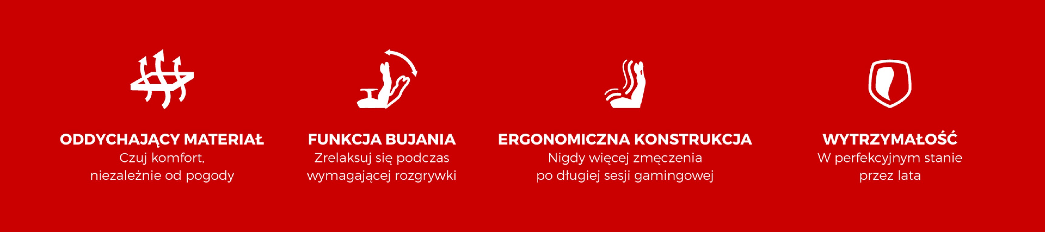 Podkreślono cechy fotela gamingowego, w tym oddychający materiał, funkcję bujania, ergonomiczną konstrukcję i trwałość.