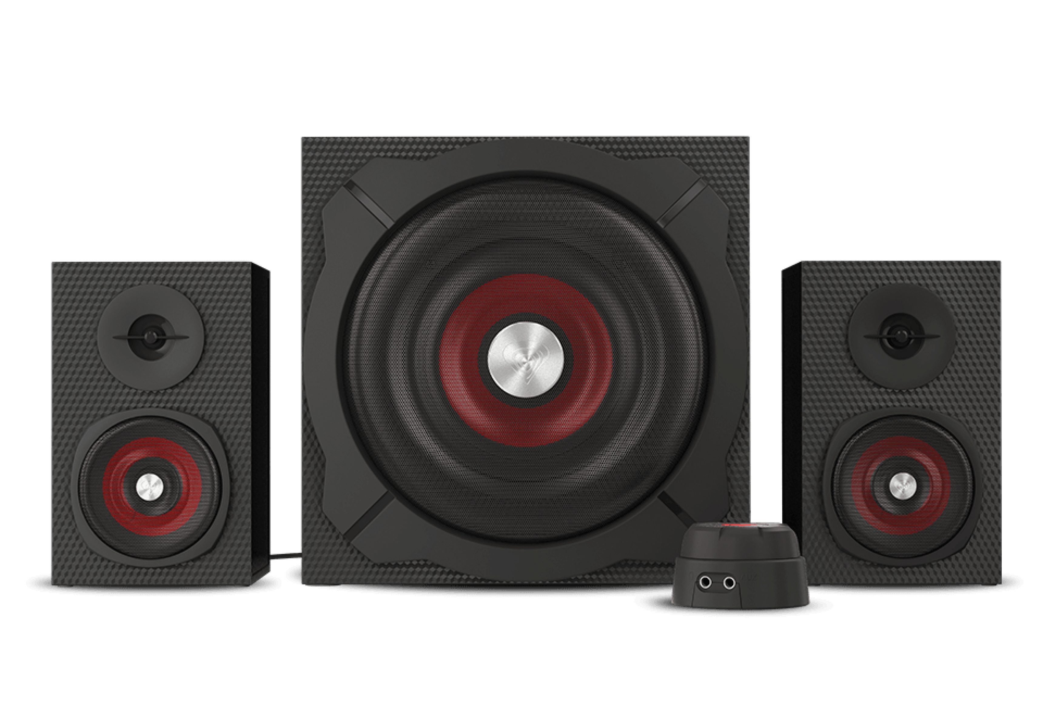 Trzy głośniki, w tym duży subwoofer i dwa mniejsze głośniki z czerwonymi akcentami.