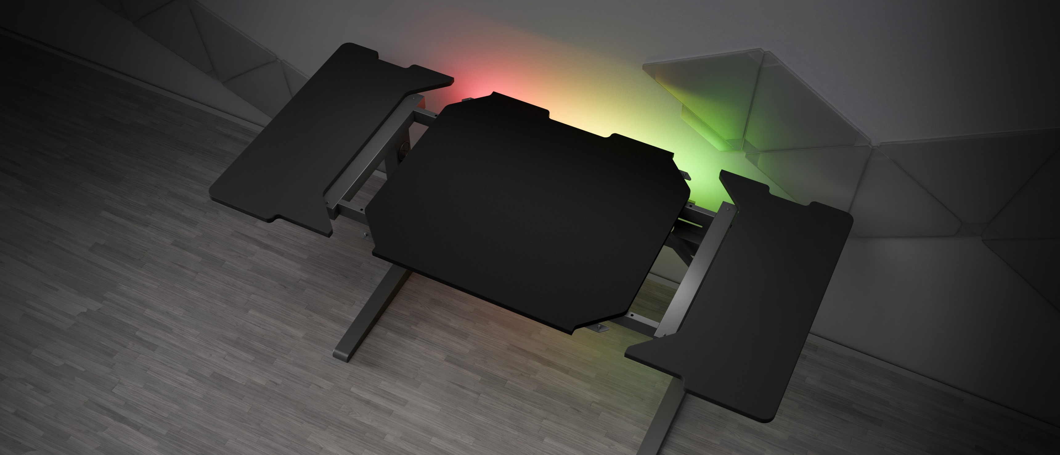 Modułowe biurko do gier z elegancką czarną powierzchnią i akcentami świetlnymi RGB, zaprojektowane z myślą o zoptymalizowanej konfiguracji do gier