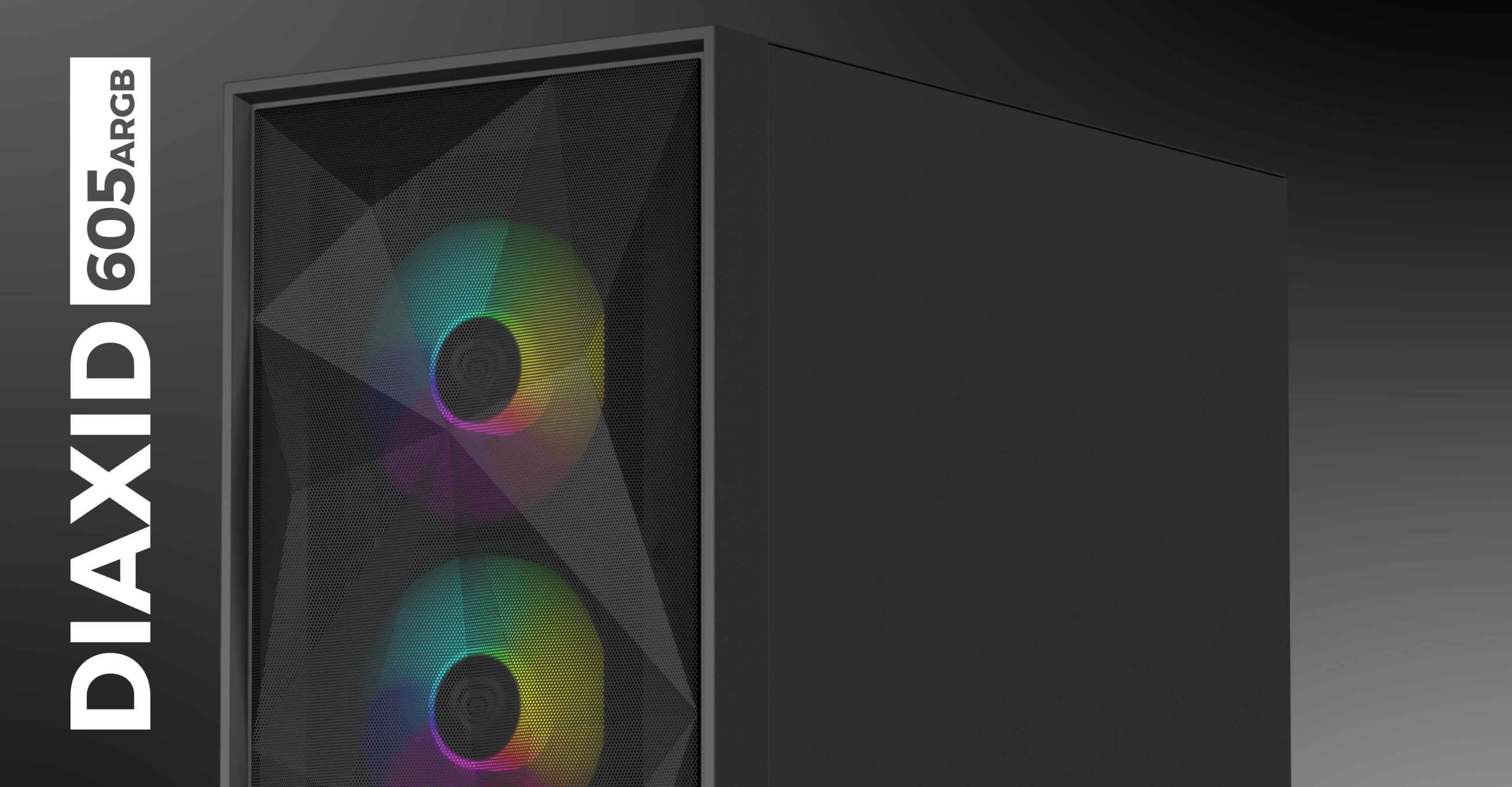 Obudowa typu tower MIDI z czarnym wykończeniem i kolorowym podświetleniem wentylatorów na przednim panelu