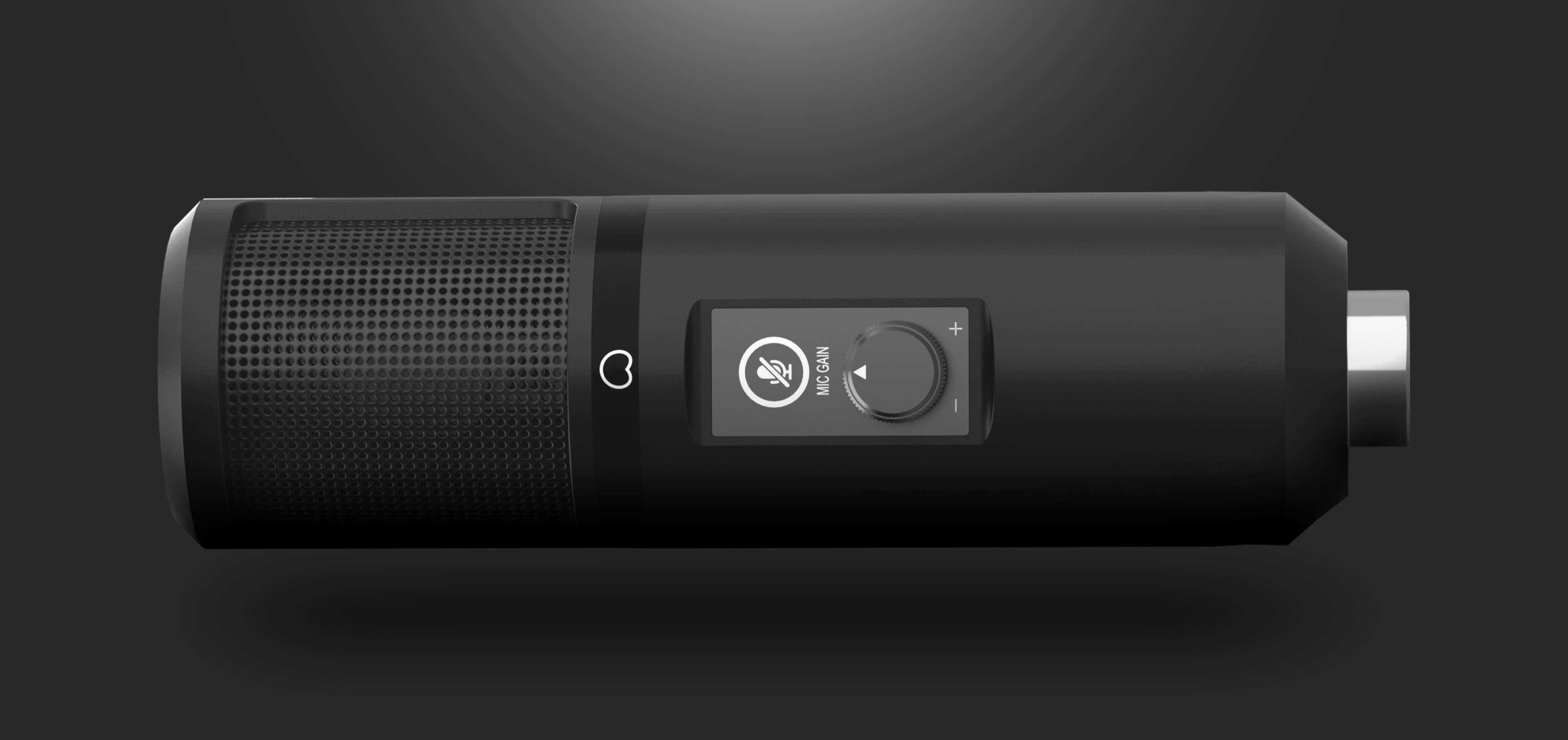 Mikrofon studyjny USB z filtrem pop, charakteryzujący się elegancką czarną konstrukcją i pokrętłem regulacji ustawień audio