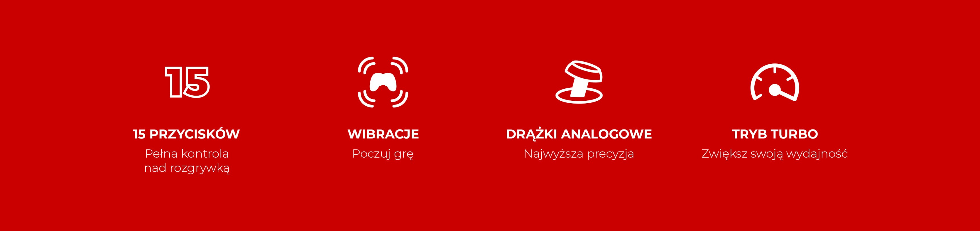 Czerwona grafika z ikonami i opisami kontrolera gier z różnymi funkcjami.