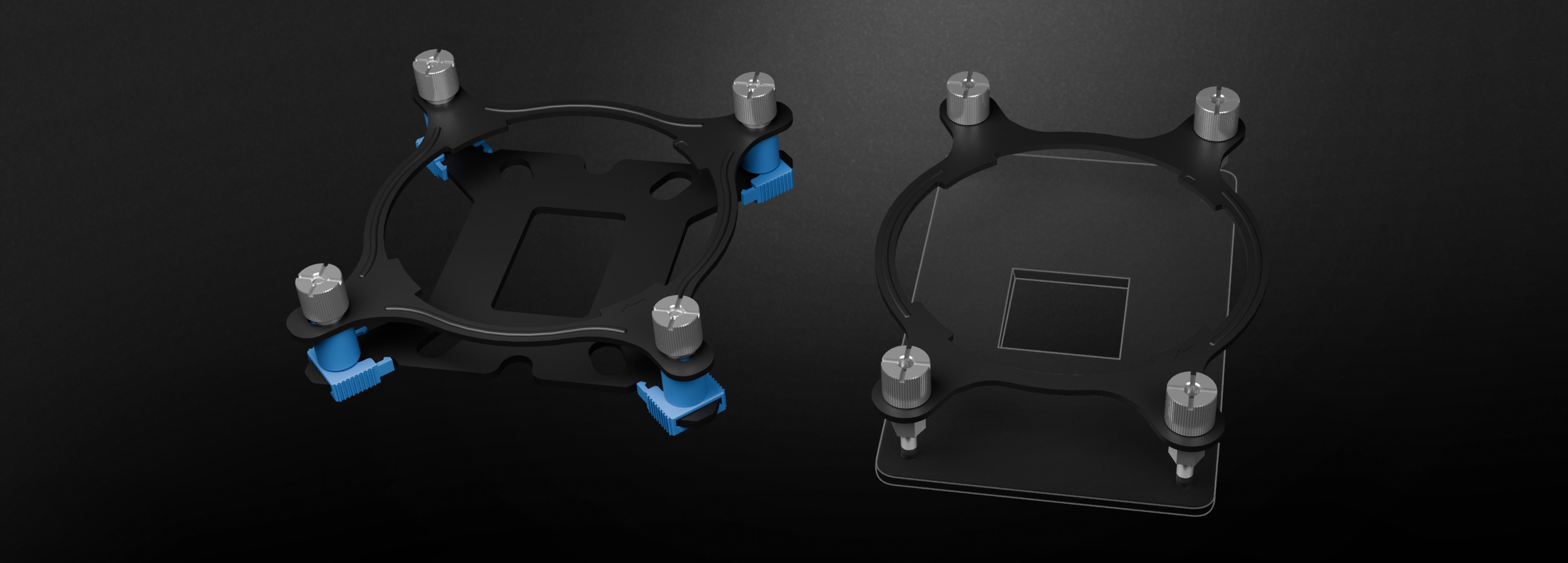 Czarny uchwyt montażowy chłodzenia wodnego dla Genesis Hydria 240 ARGB, wyposażony w regulowane śruby i niebieskie akcenty.