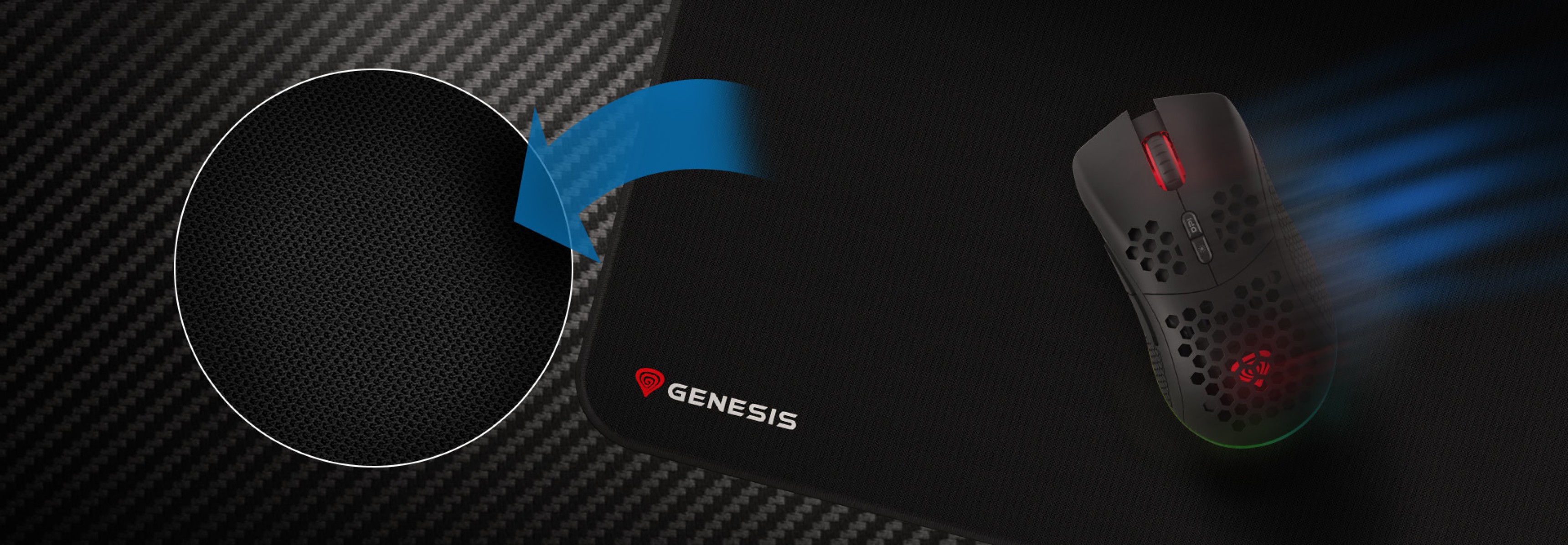 Czarna podkładka pod mysz z teksturowaną powierzchnią z logo Genesis, wraz z zaawansowaną technologicznie myszą do gier