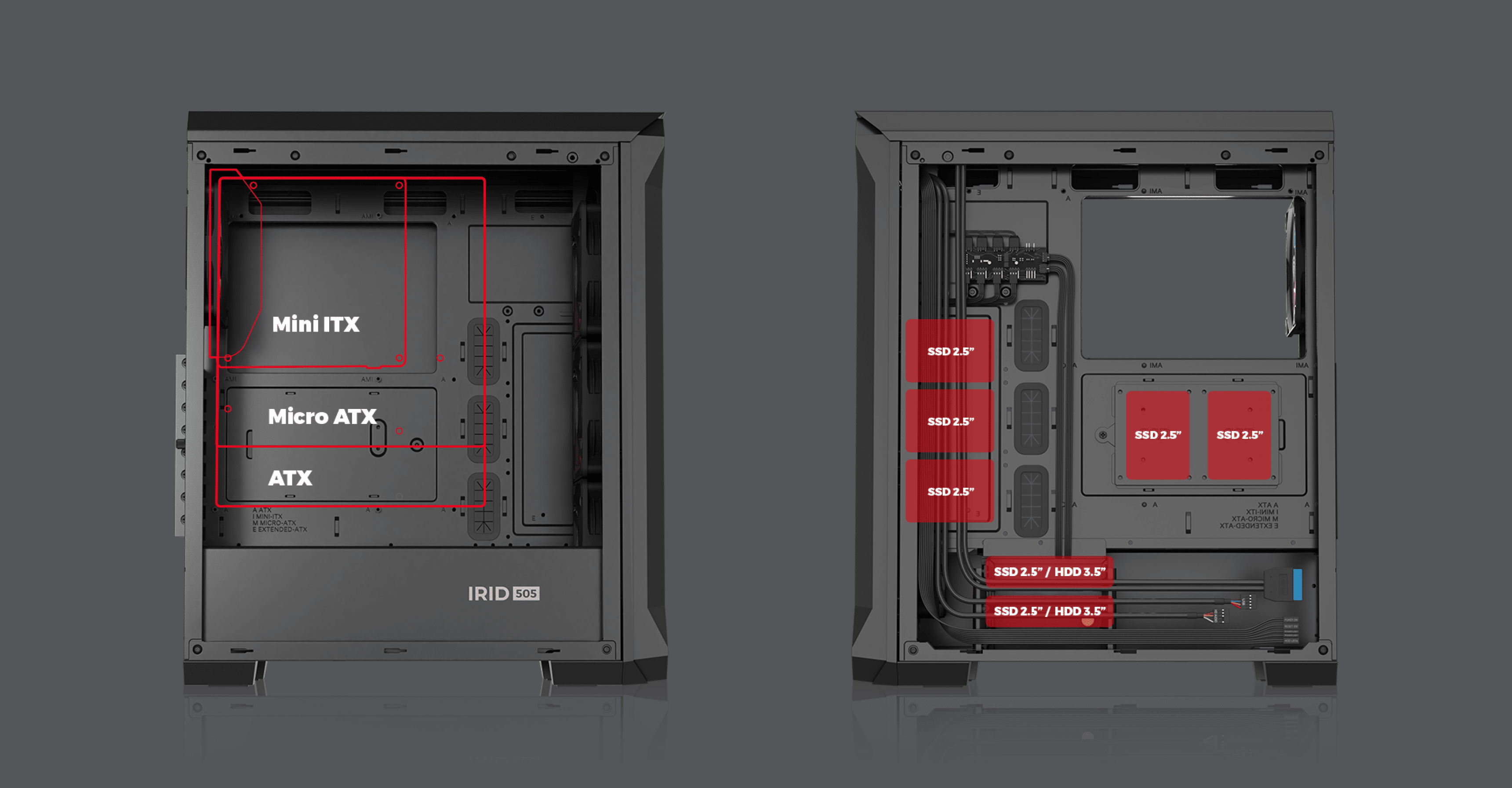 Czarna obudowa Genesis Irid 505 ARGB V2 MIDI typu tower z przezroczystym panelem bocznym i oznaczonymi opcjami kompatybilności z płytami głównymi
