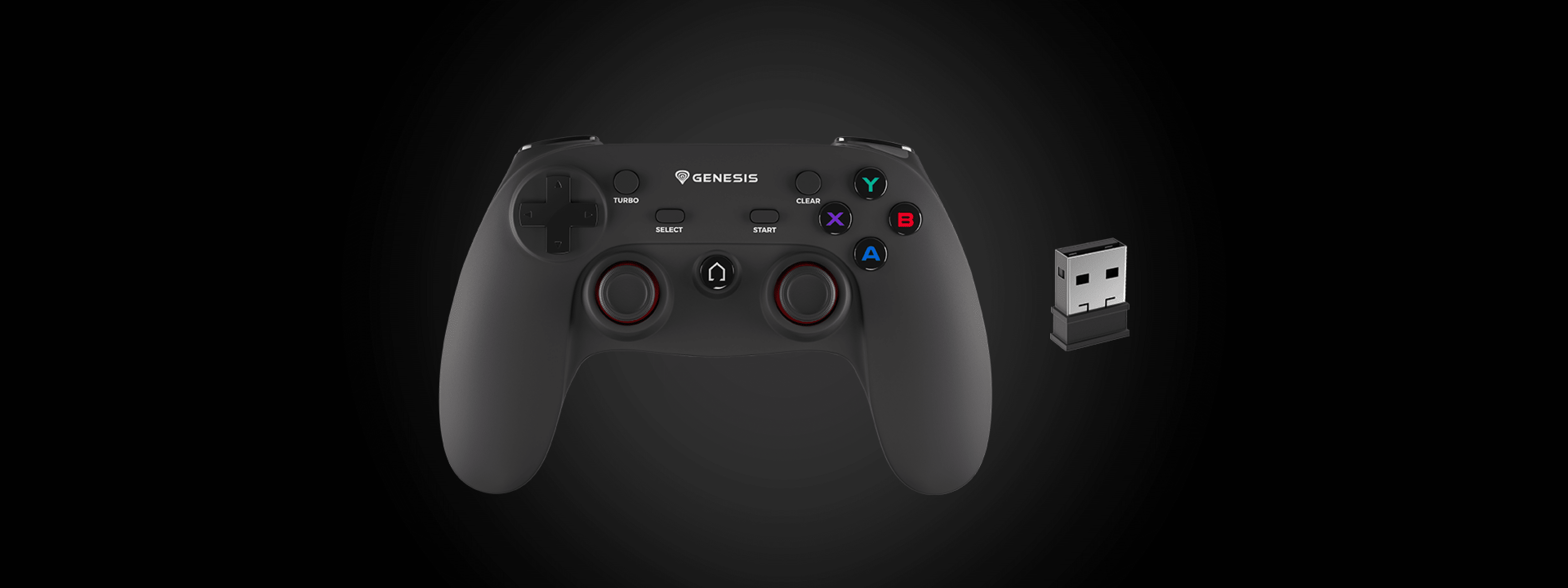 Bezprzewodowy GAMEPAD GENESIS MANGAN PV65 do PS3/PC, o eleganckiej czarnej konstrukcji z kolorowymi przyciskami i kluczem USB