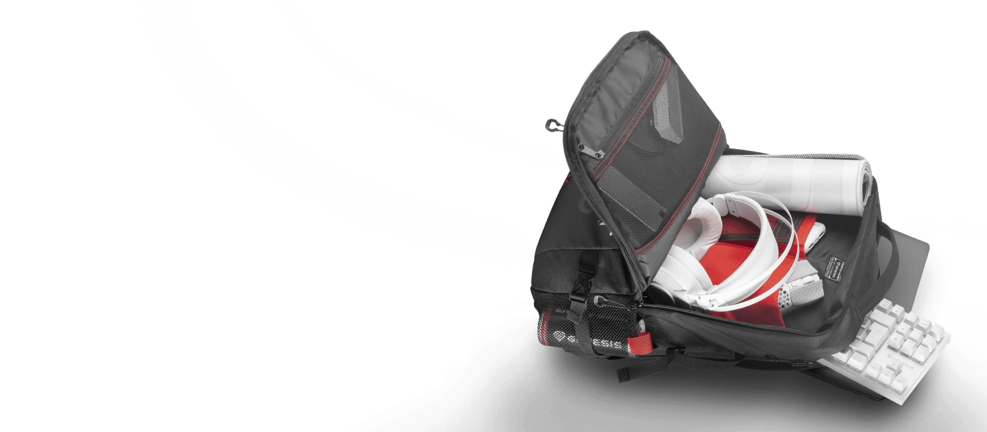 Czarny plecak na laptopa Genesis Pallad 410 o pojemności 15,6", otwierany, aby odsłonić wewnętrzne przegródki na akcesoria