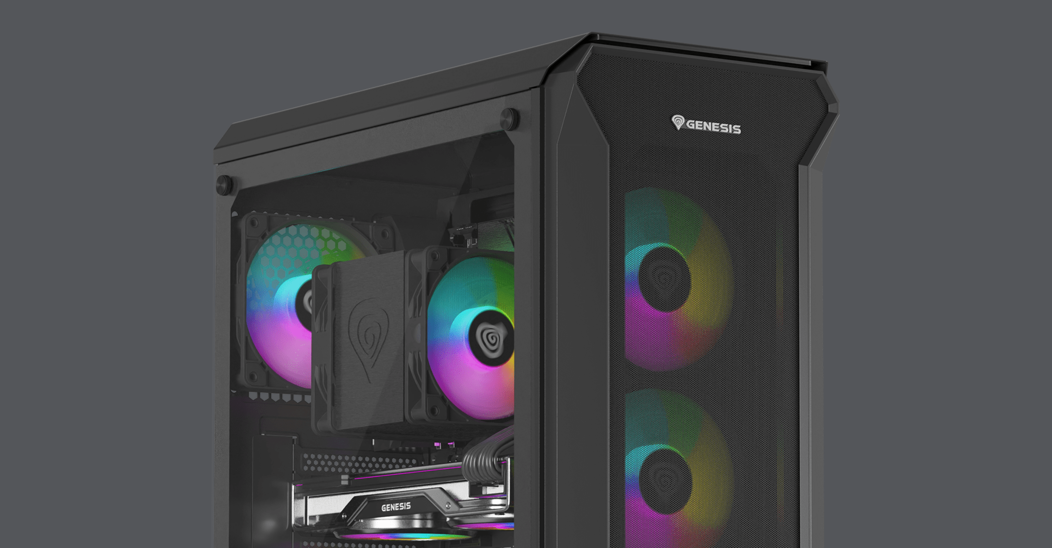 Czarna obudowa Genesis Irid 505 ARGB V2 MIDI typu tower z przezroczystym panelem bocznym i wentylatorami RGB, prezentująca nowoczesny design