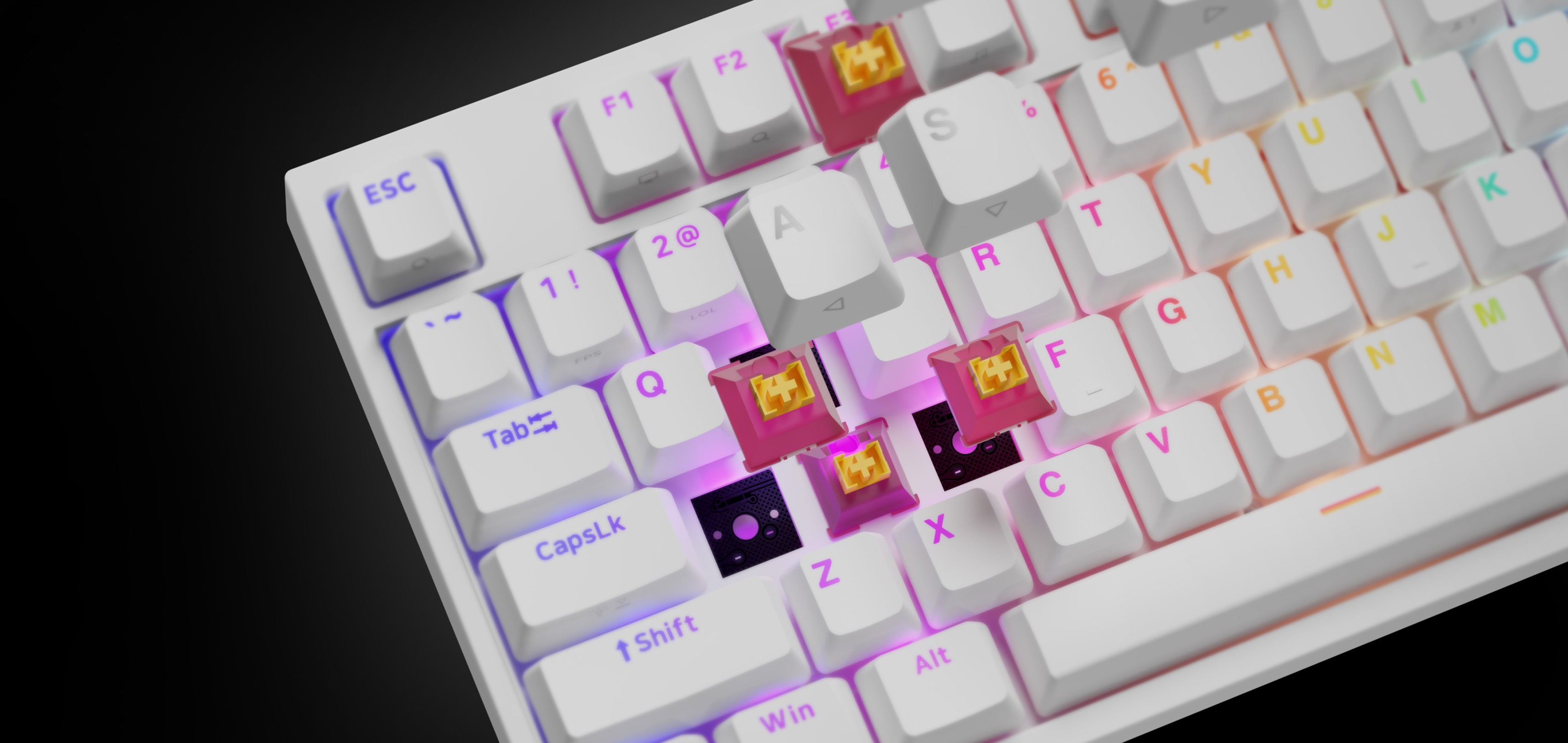 Mechaniczna klawiatura do gier z podświetleniem RGB i białymi klawiszami, wyposażona w przełączniki Outemu Peach Silent