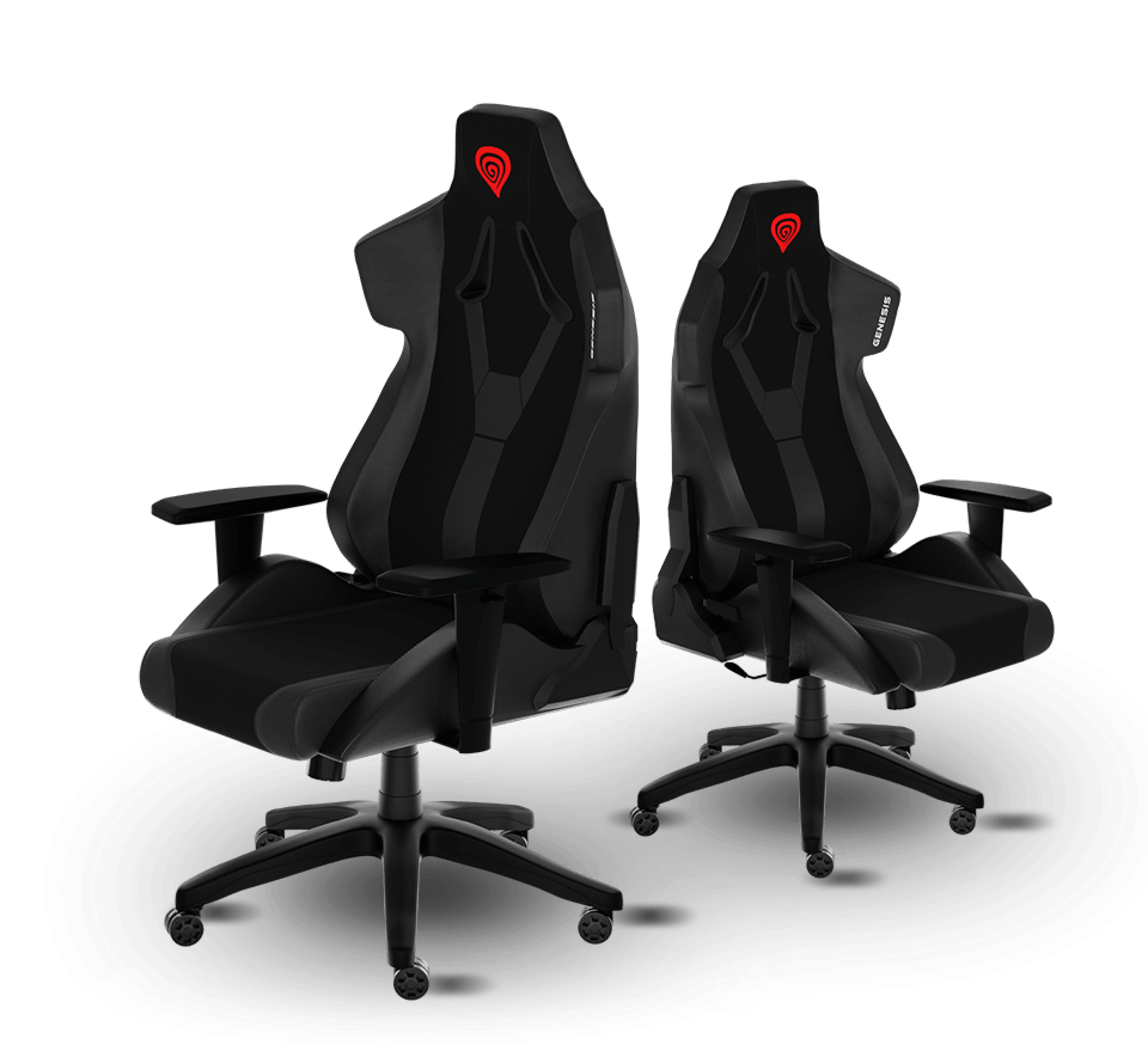 Dwa czarne fotele gamingowe Genesis Nitro 650 Onyx o ergonomicznym kształcie i regulowanych podłokietnikach