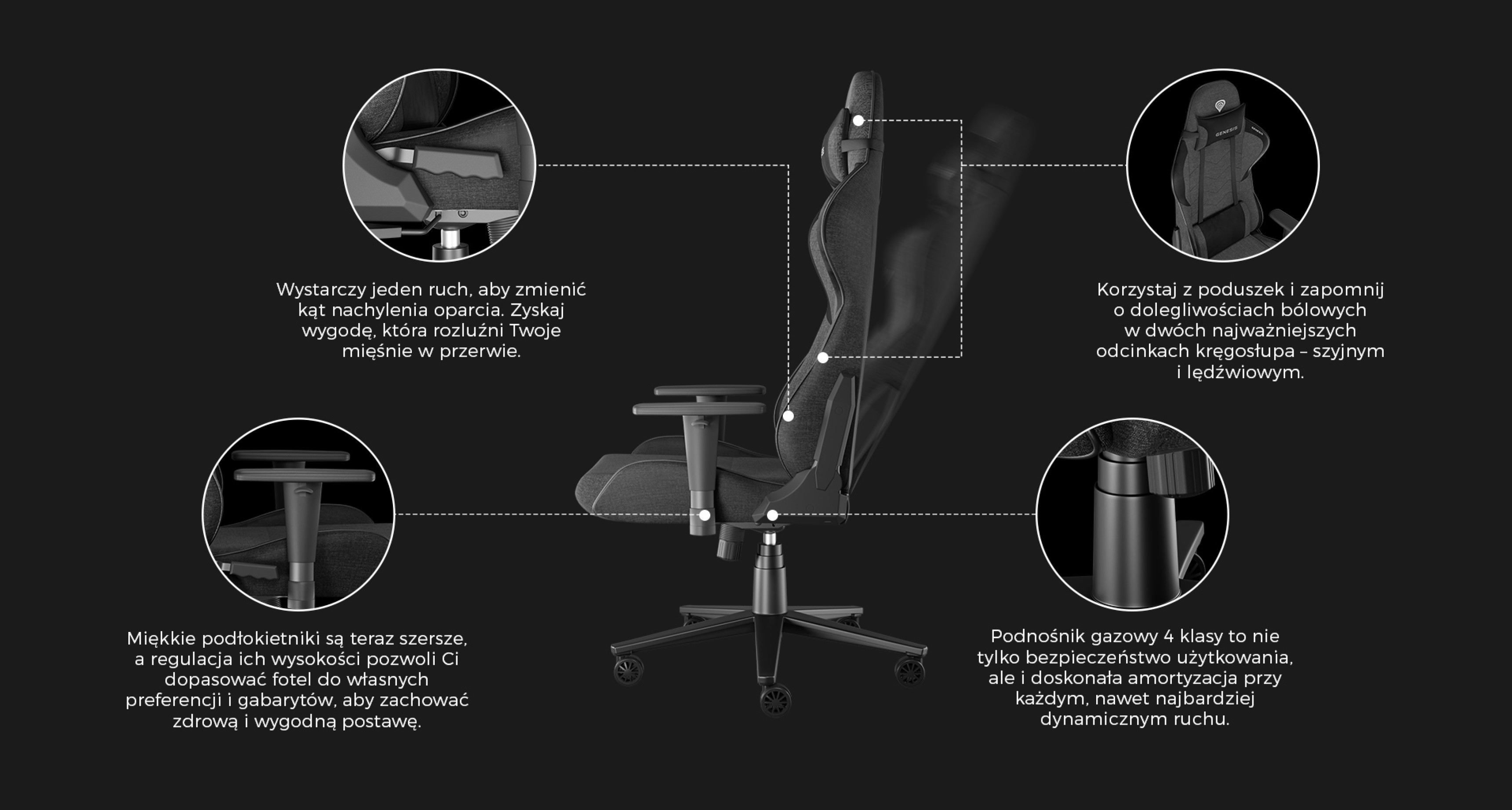 Ilustracja podkreślająca cechy fotela gamingowego Genesis Nitro 550 G2, w tym regulowane podłokietniki, gazowy mechanizm podnoszenia i ergonomiczną konstrukcję.