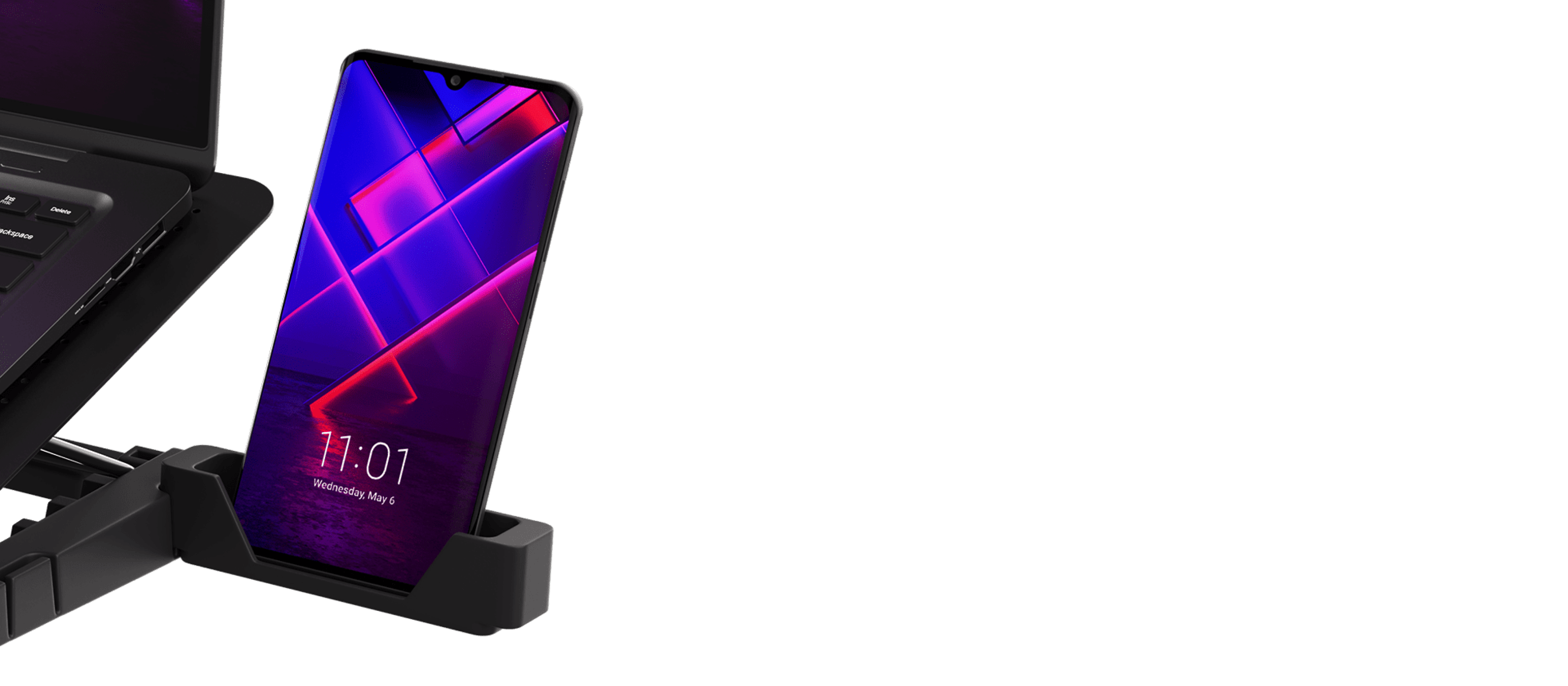 Podkładka chłodząca pod laptopa z oświetleniem RGB, wentylatorem i dwoma portami USB. Zawiera uchwyt na smartfon