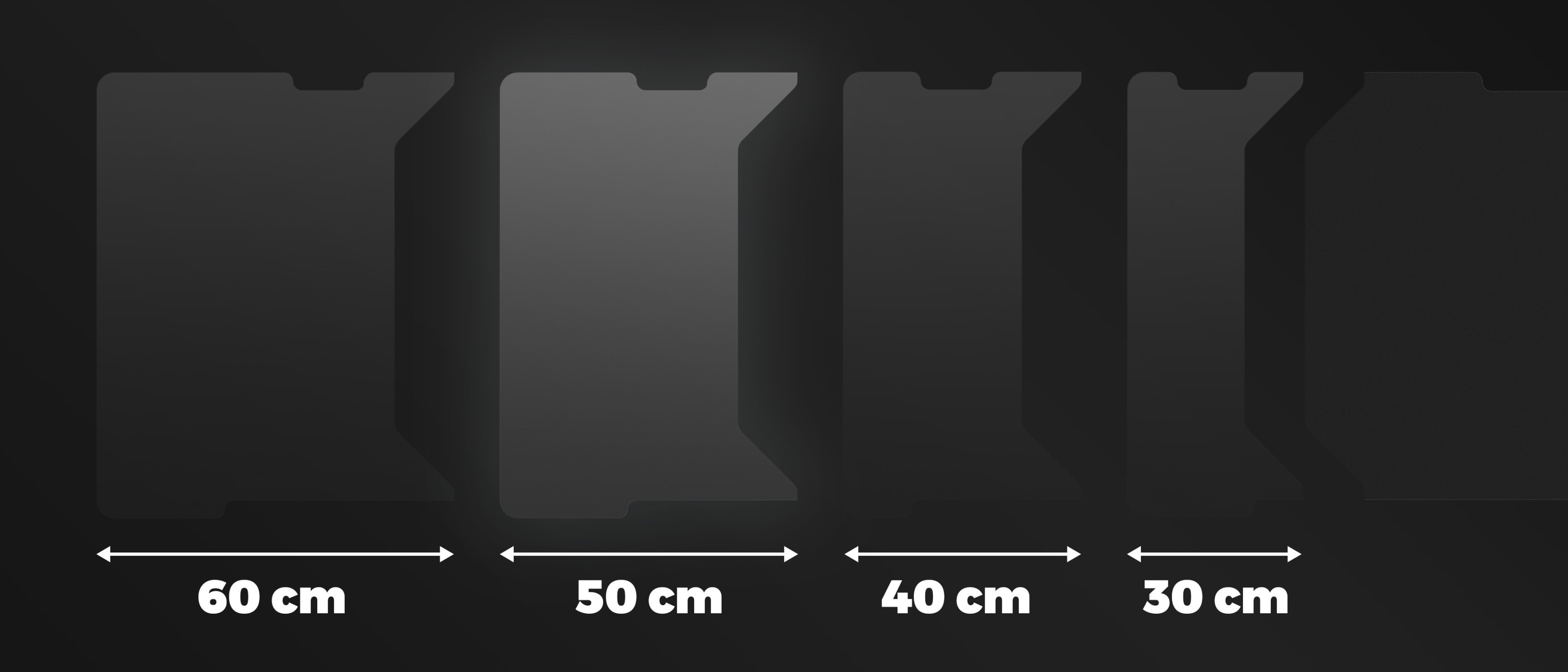 Narożne biurko do gier z modułowymi panelami o różnych rozmiarach: 60 cm, 50 cm, 40 cm i 30 cm, wyświetlanymi na ciemnym tle
