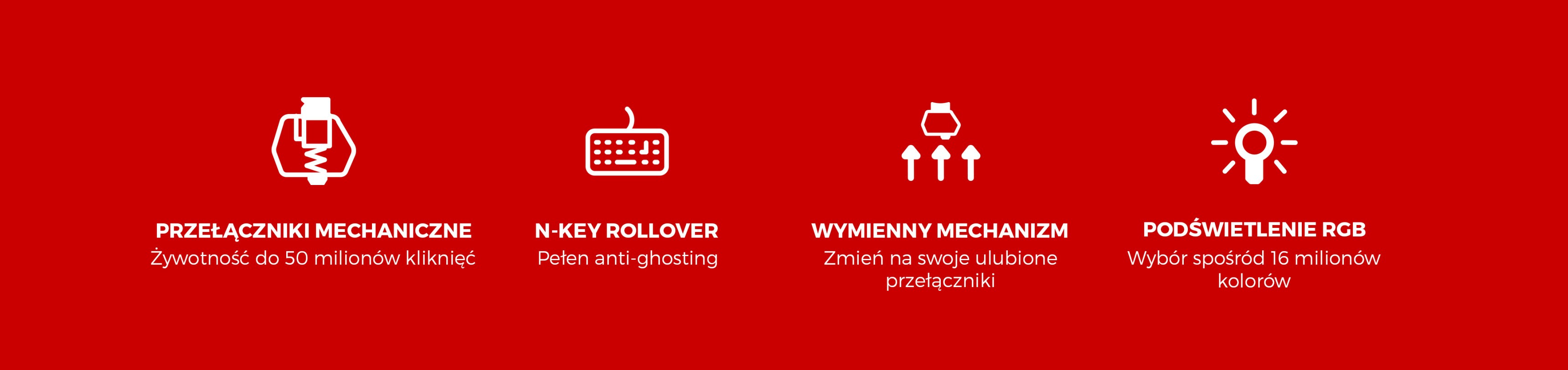 Ikony podkreślające funkcje klawiatury do gier Genesis Thor 303, w tym klawisze mechaniczne, N-key rollover, przełączniki wymieniane podczas pracy i podświetlenie RGB.