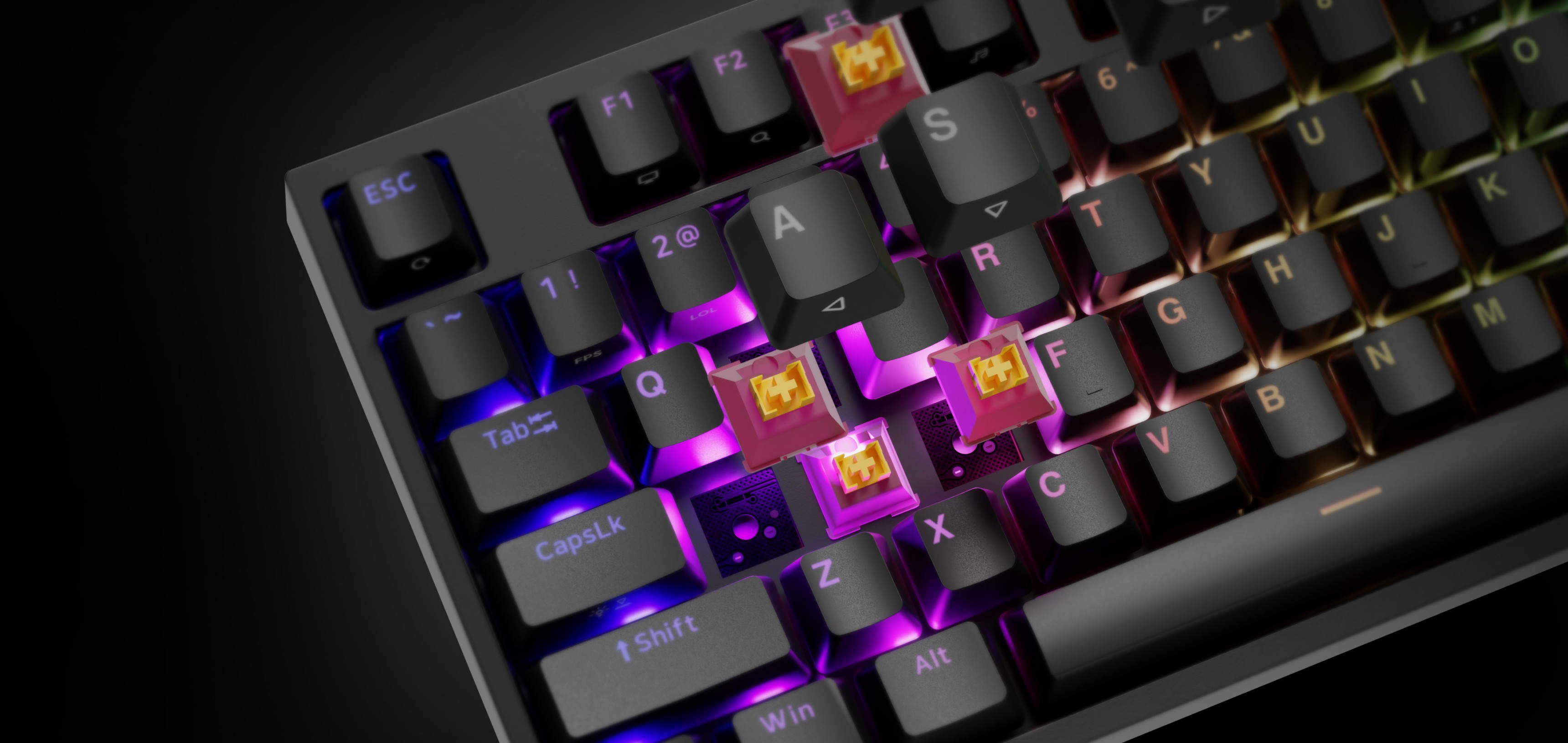 Klawiatura gamingowa z podświetleniem RGB i przełącznikami mechanicznymi Outemu Peach Silent, wyposażona w podświetlane na kolorowo klawisze