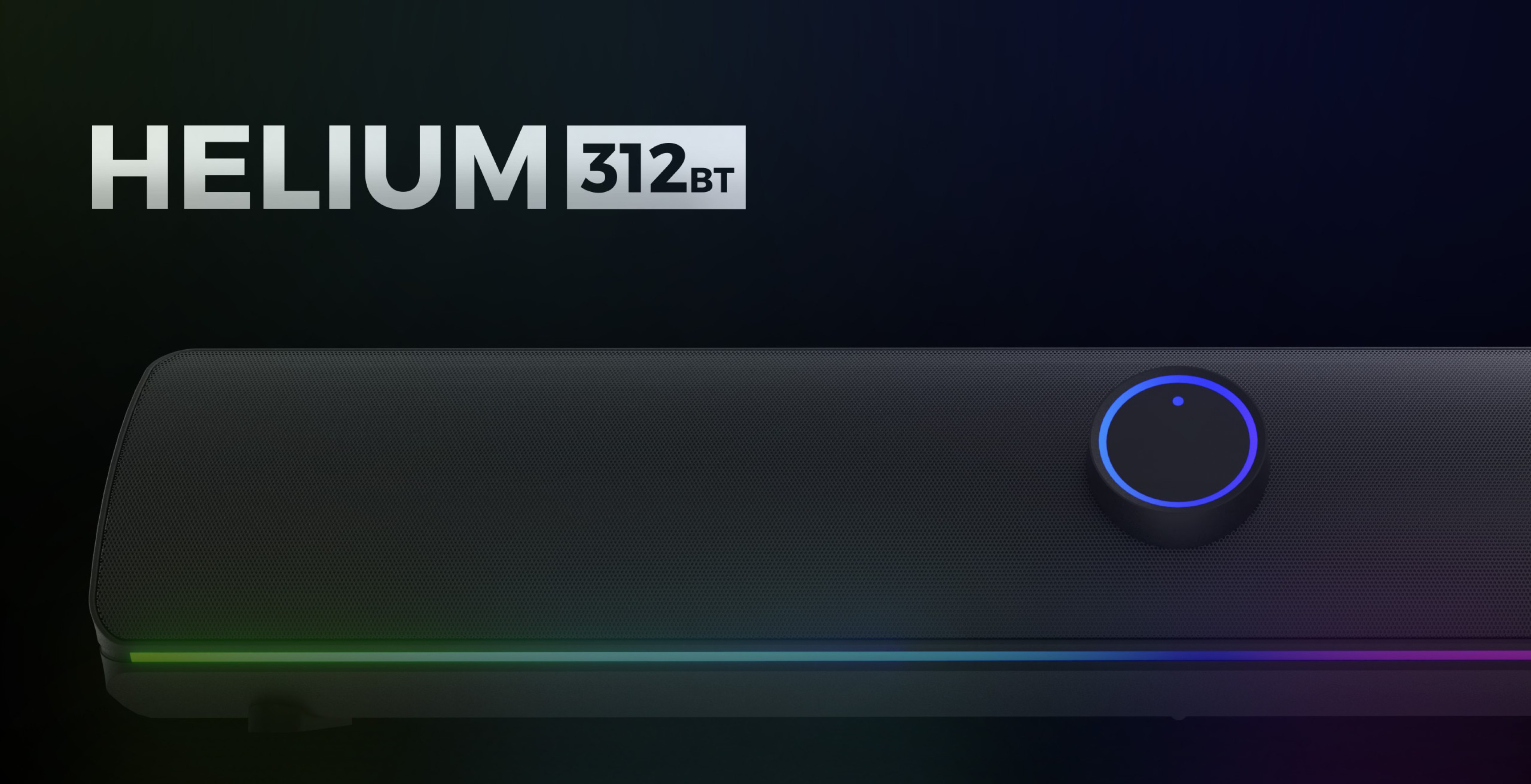 Czarny soundbar Bluetooth o eleganckim wyglądzie, z centralnym pokrętłem sterowania i subtelnym podświetleniem LED.