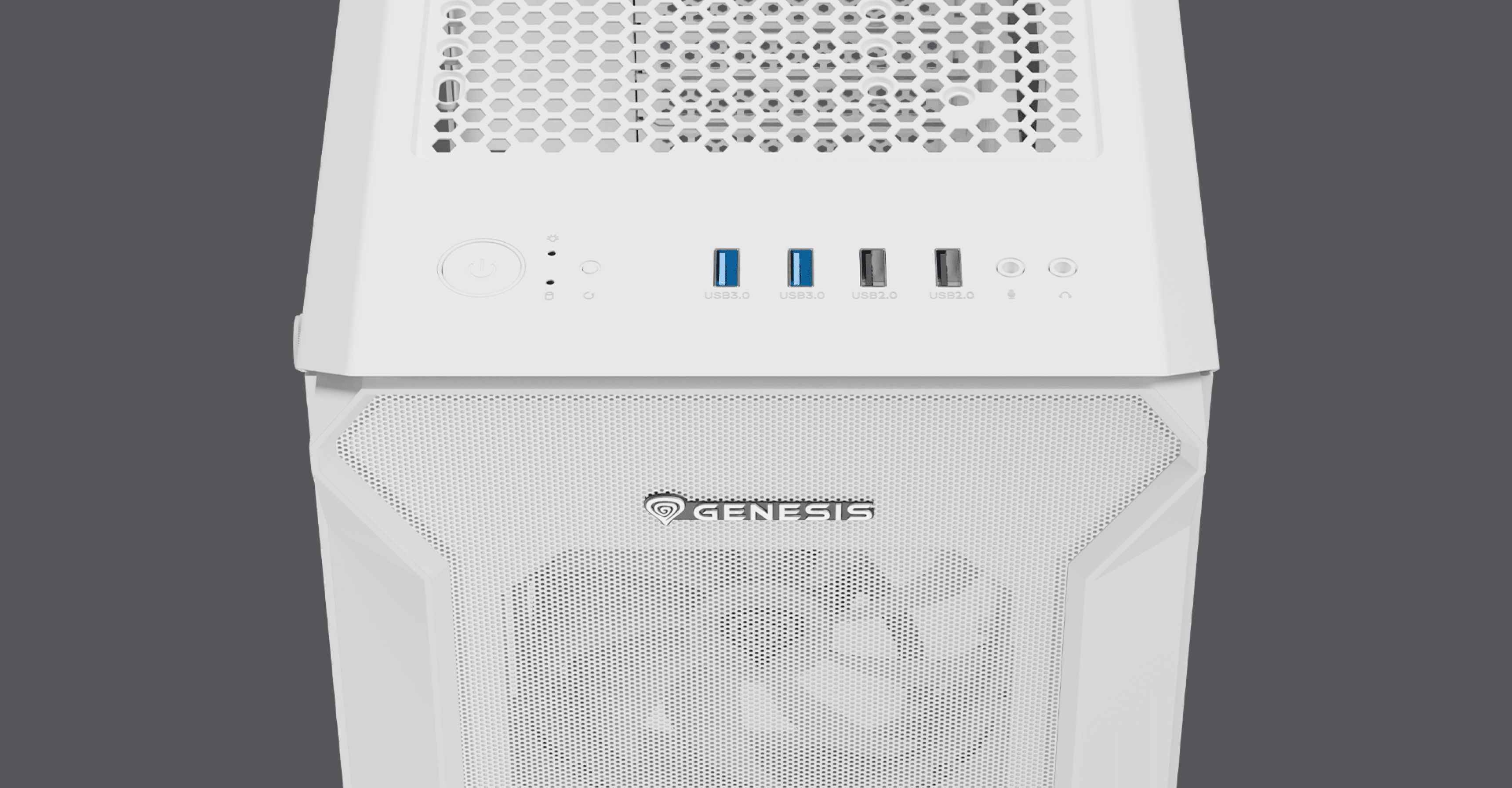 Biała obudowa Genesis Irid 505 ARGB V2 MIDI typu tower z siateczkowym panelem górnym i przednim, wyposażona w porty USB i przycisk zasilania.