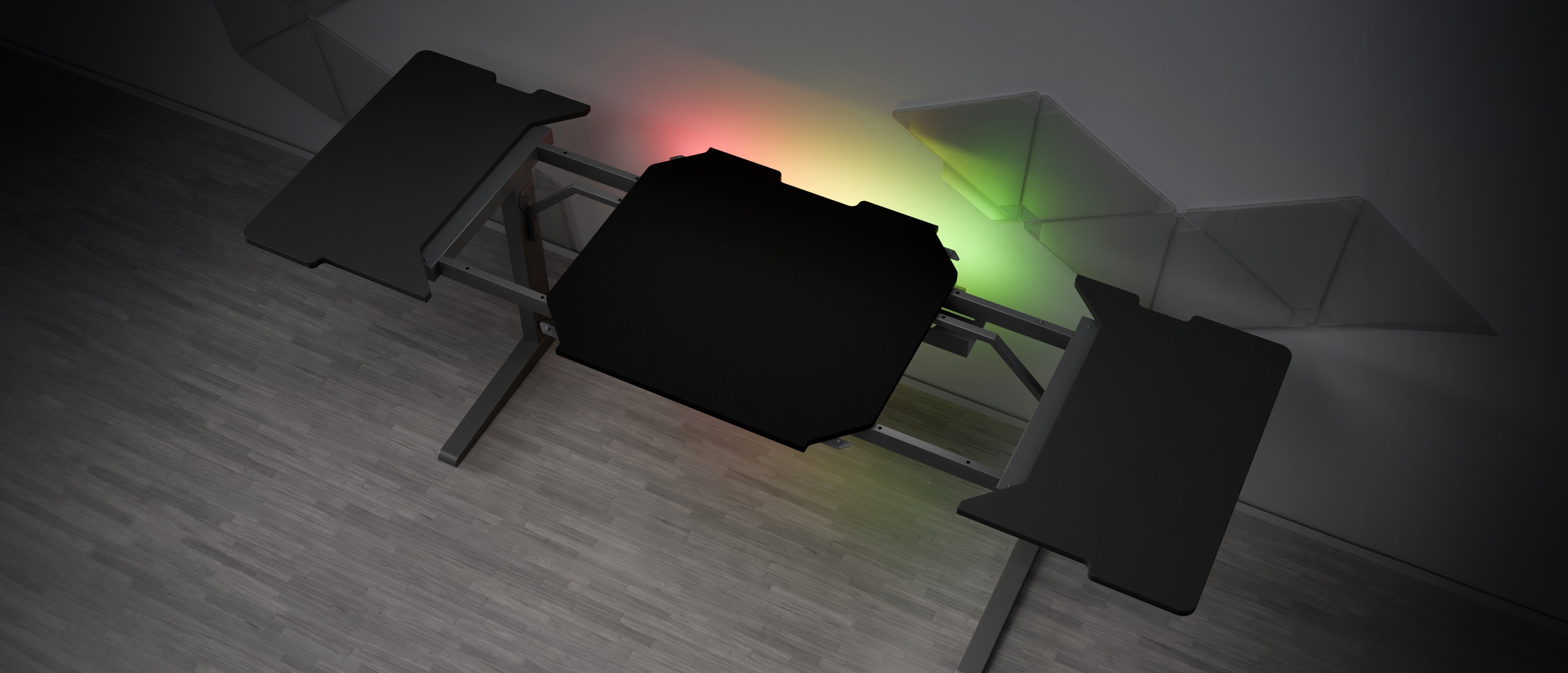 Modułowe biurko do gier Genesis Holm z elegancką czarną powierzchnią i akcentami świetlnymi RGB po bokach