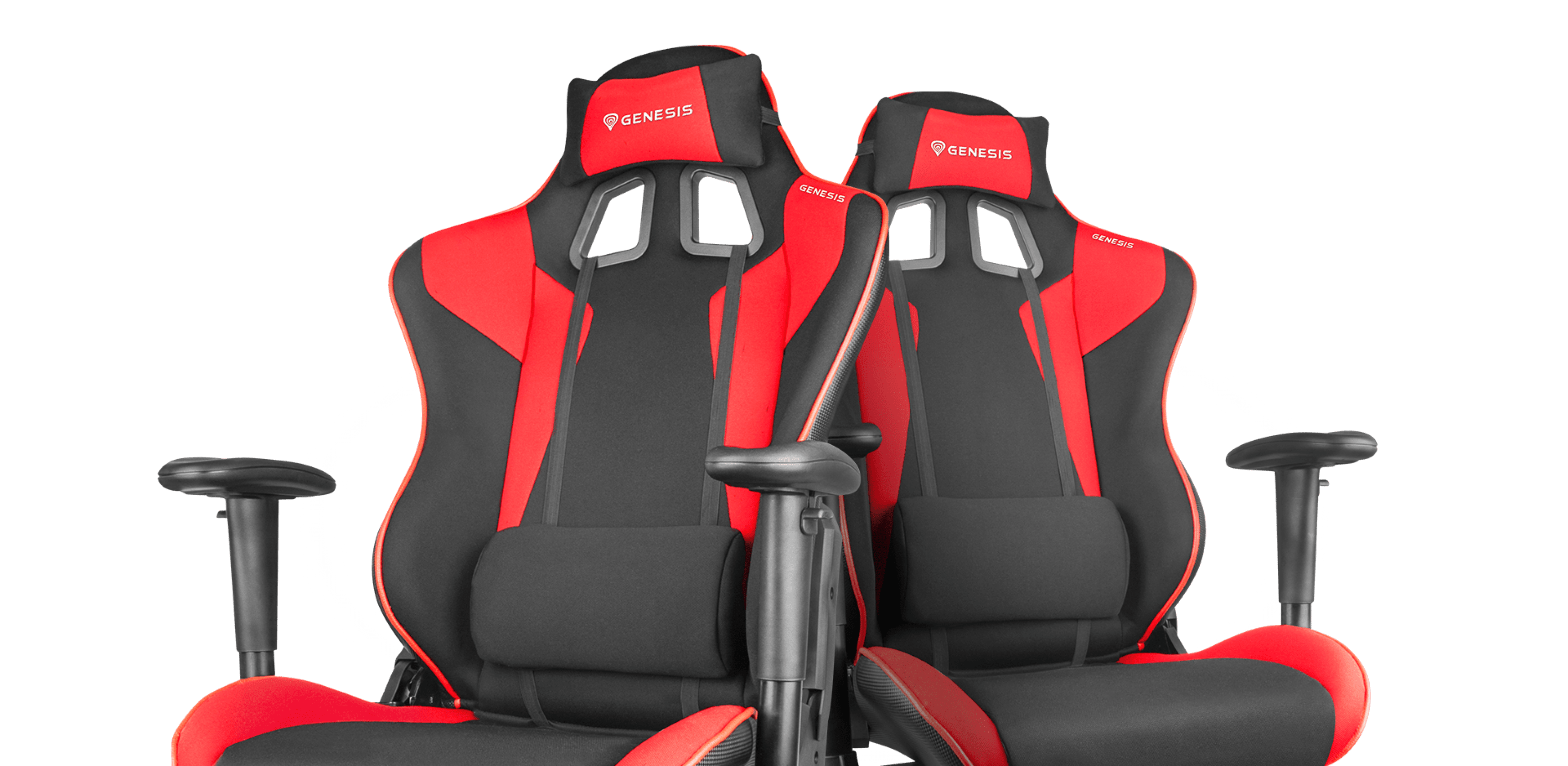 Podwójne fotele gamingowe Genesis Nitro 770 w kolorze czarnym i czerwonym o ergonomicznej konstrukcji i regulowanych podłokietnikach.