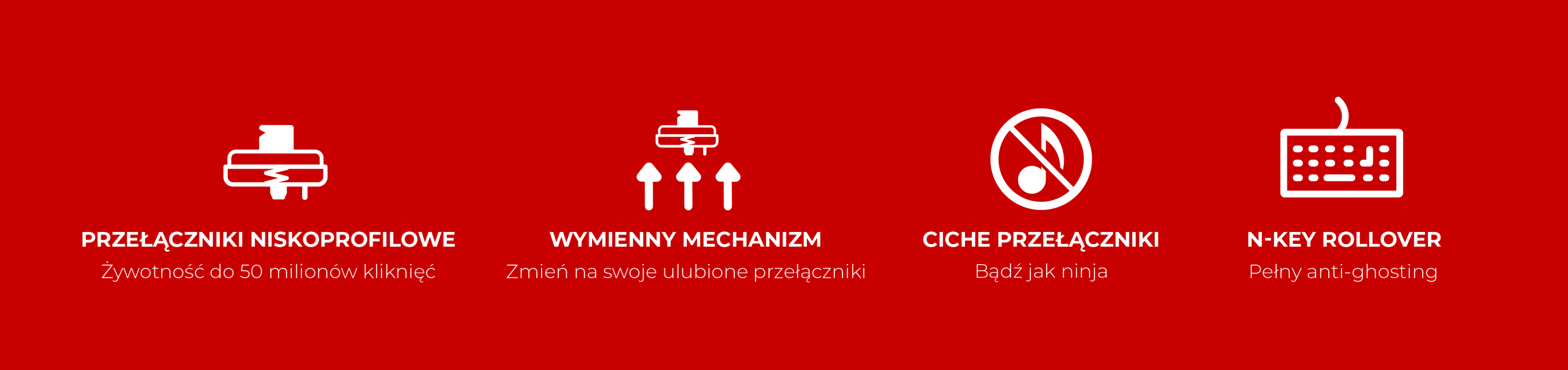 Ikony graficzne przedstawiające cechy przełącznika niskoprofilowego i cichy mechanizm z klawiaturą.