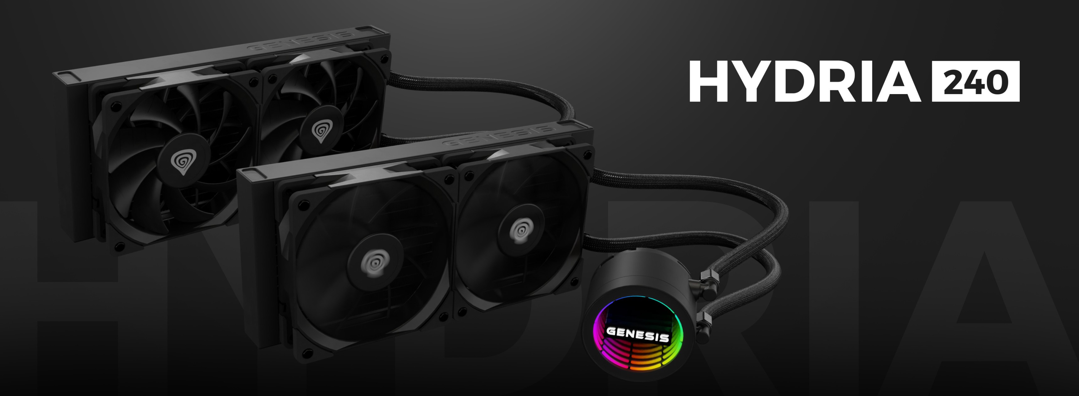 Czarny system chłodzenia wodnego Genesis Hydria 240 z dwoma wentylatorami i pompą RGB dla lepszej estetyki i wydajności.