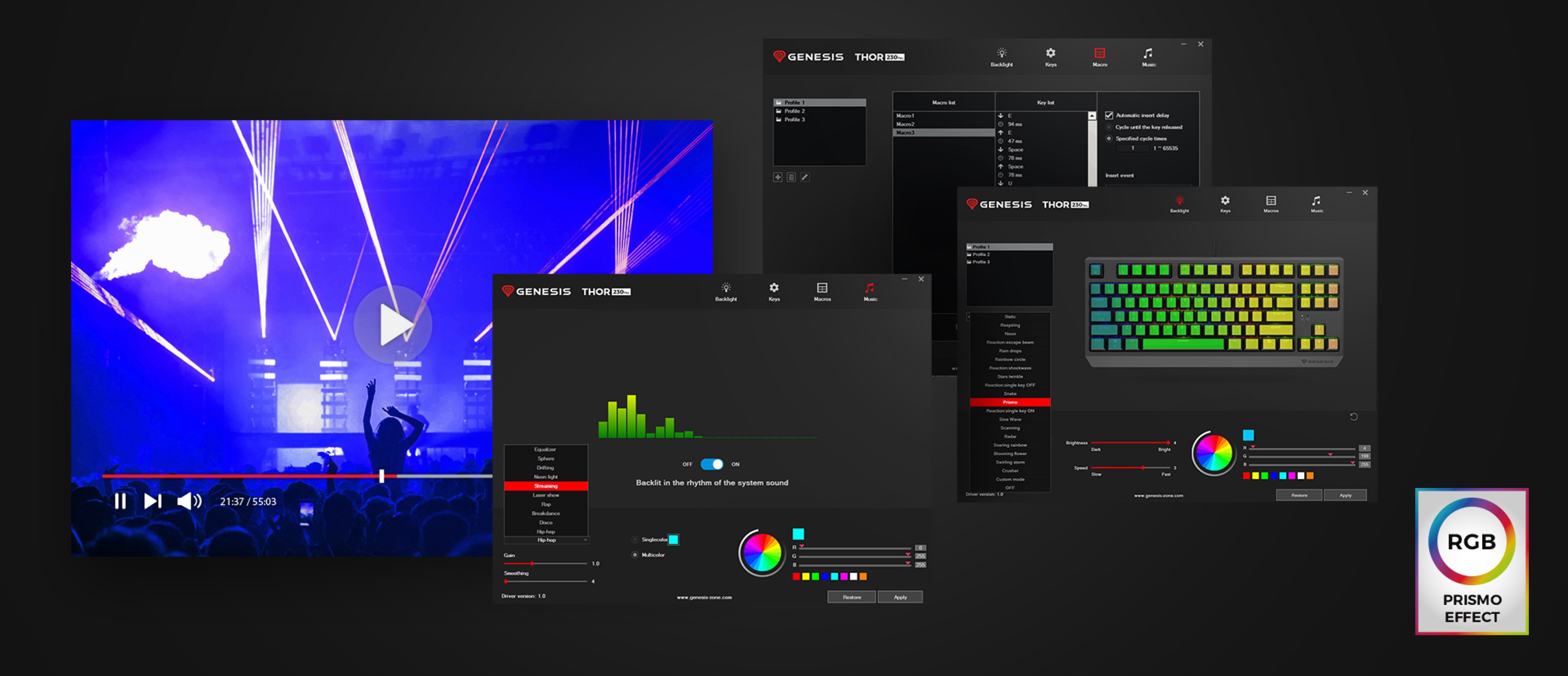 Interfejs oprogramowania klawiatury wyświetlający opcje dostosowywania RGB i profile dla klawiatury mechanicznej Genesis Thor 230 TKL