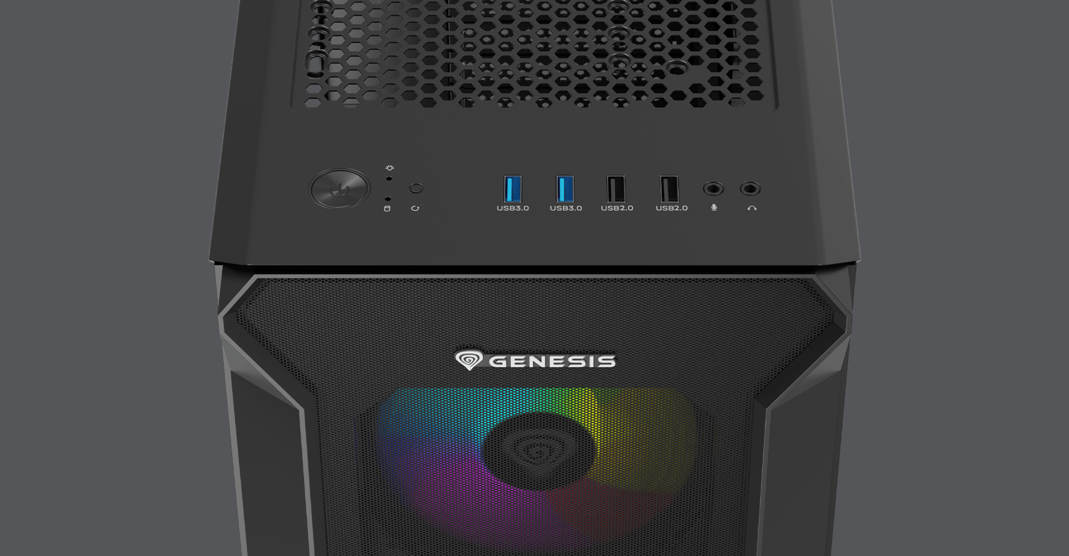 Czarna obudowa Genesis Irid 505 ARGB V2 MIDI typu tower z przezroczystym panelem przednim i podświetleniem RGB. Posiada porty USB i przycisk zasilania na górze