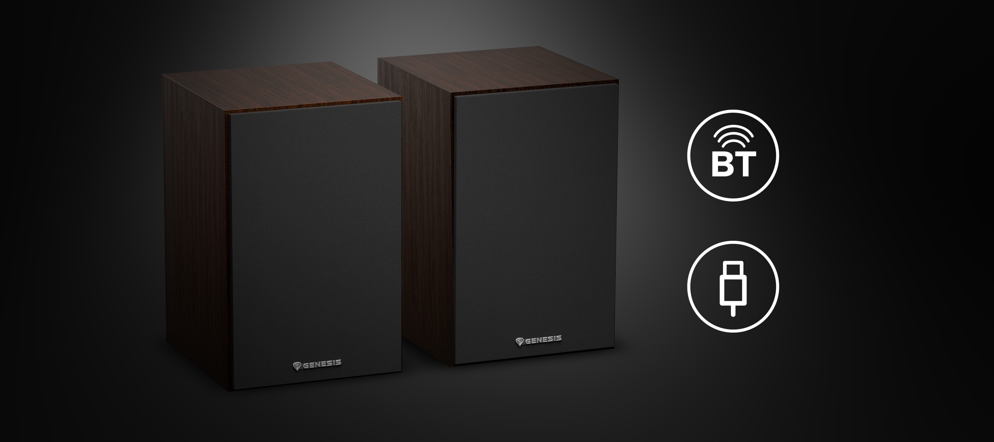 Brązowe głośniki Genesis Arsen 302BT 2.0 o eleganckim wyglądzie, wyposażone w łączność Bluetooth i wejście USB.