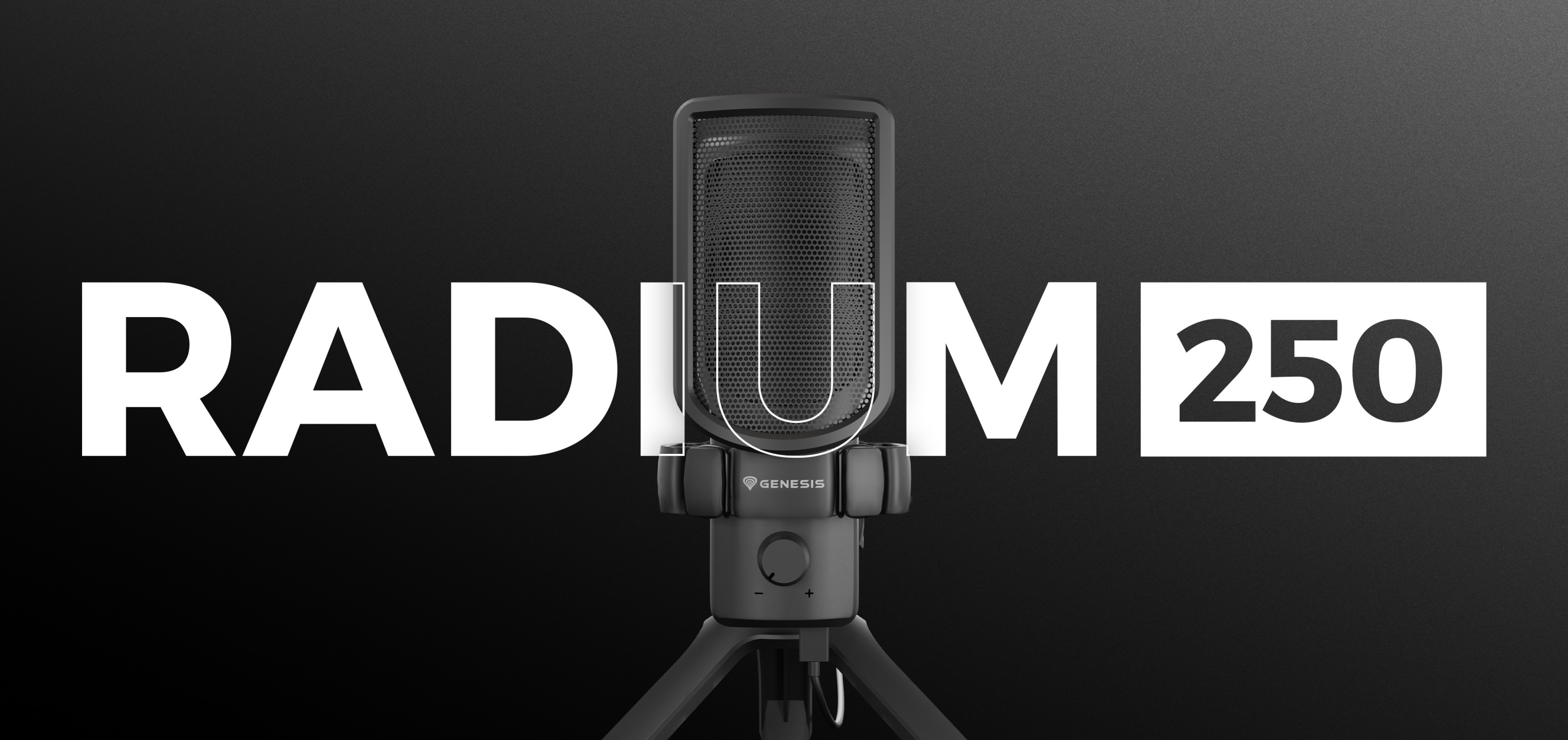 Czarny mikrofon USB Genesis Radium 250 ze statywem, wyświetlany wraz z tekstem "RADIUM 250".