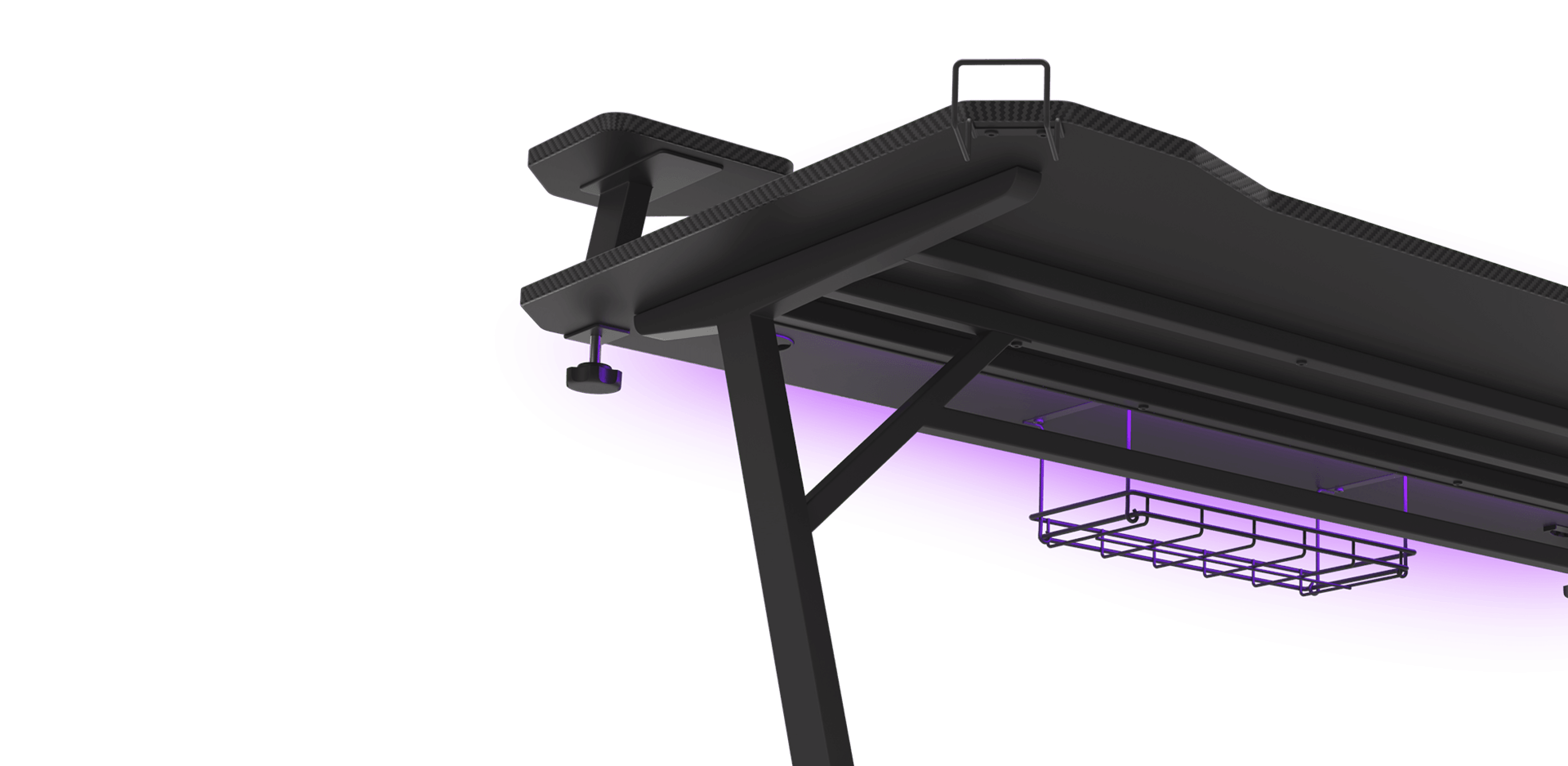 Zbliżenie na biurko gamingowe Genesis Holm 510 RGB, prezentujące jego elegancki czarny design i podświetlenie RGB pod biurkiem